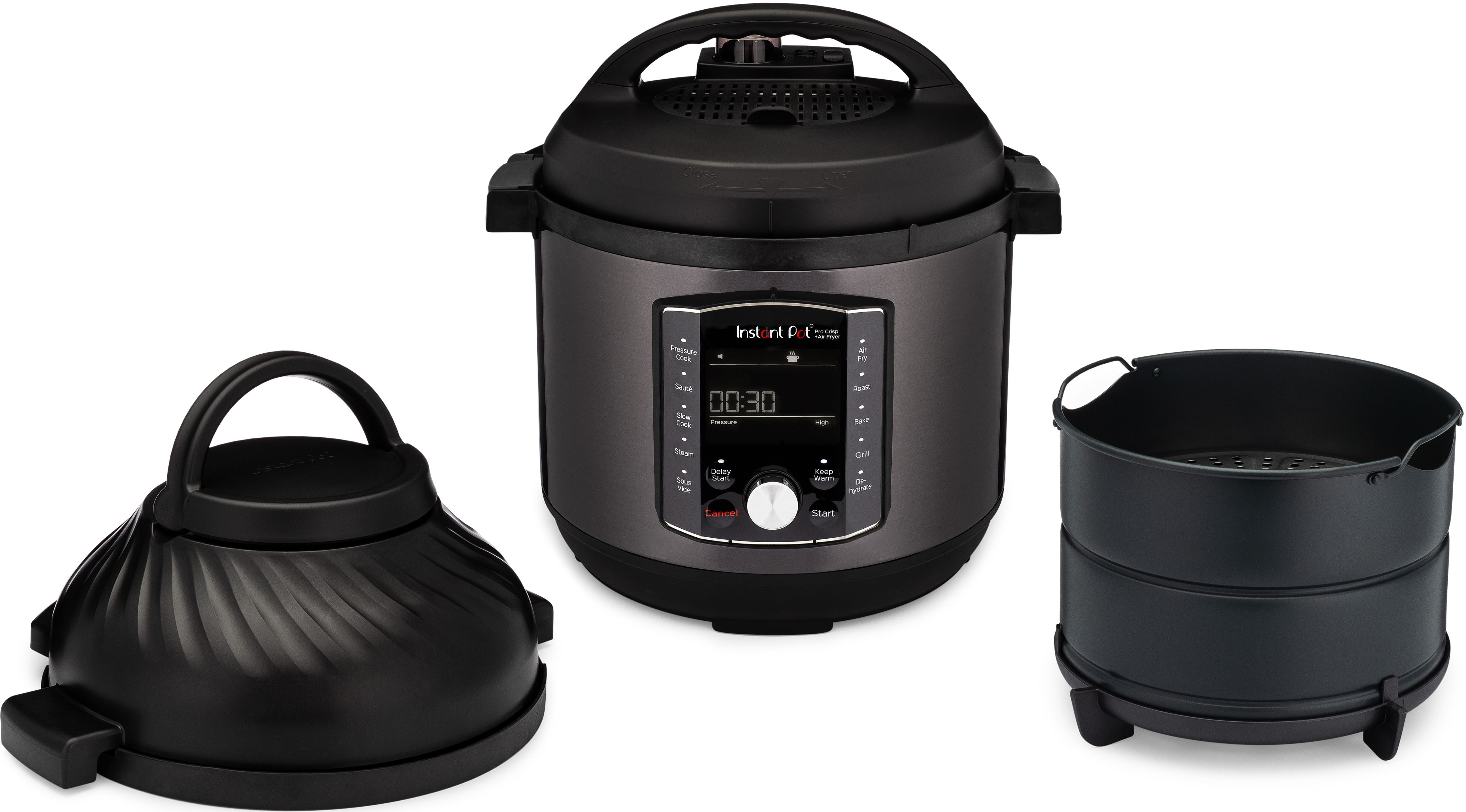 Ein Instant Pot mit Zubehör. Es beinhaltet einen Deckel, einen Airfryer-Deckel und einen Korb. Alle Teile sind schwarz.