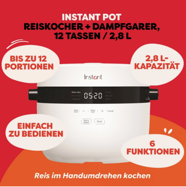 Weißer Instant Pot mit Textbeschriftungen und Zahlen auf rotem Hintergrund, darunter '12 TASSEN / 2,8 L' und '6 FUNKTIONEN'.