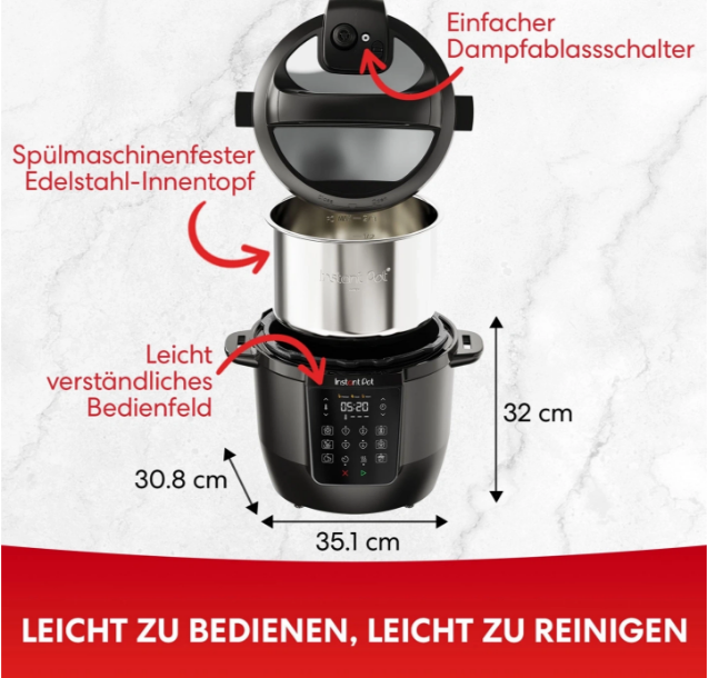 Schwarzer Instant Pot mit geöffnetem Deckel und Edelstahltopf. Abmessungen sind angegeben. Text auf Deutsch beschreibt Funktionen.