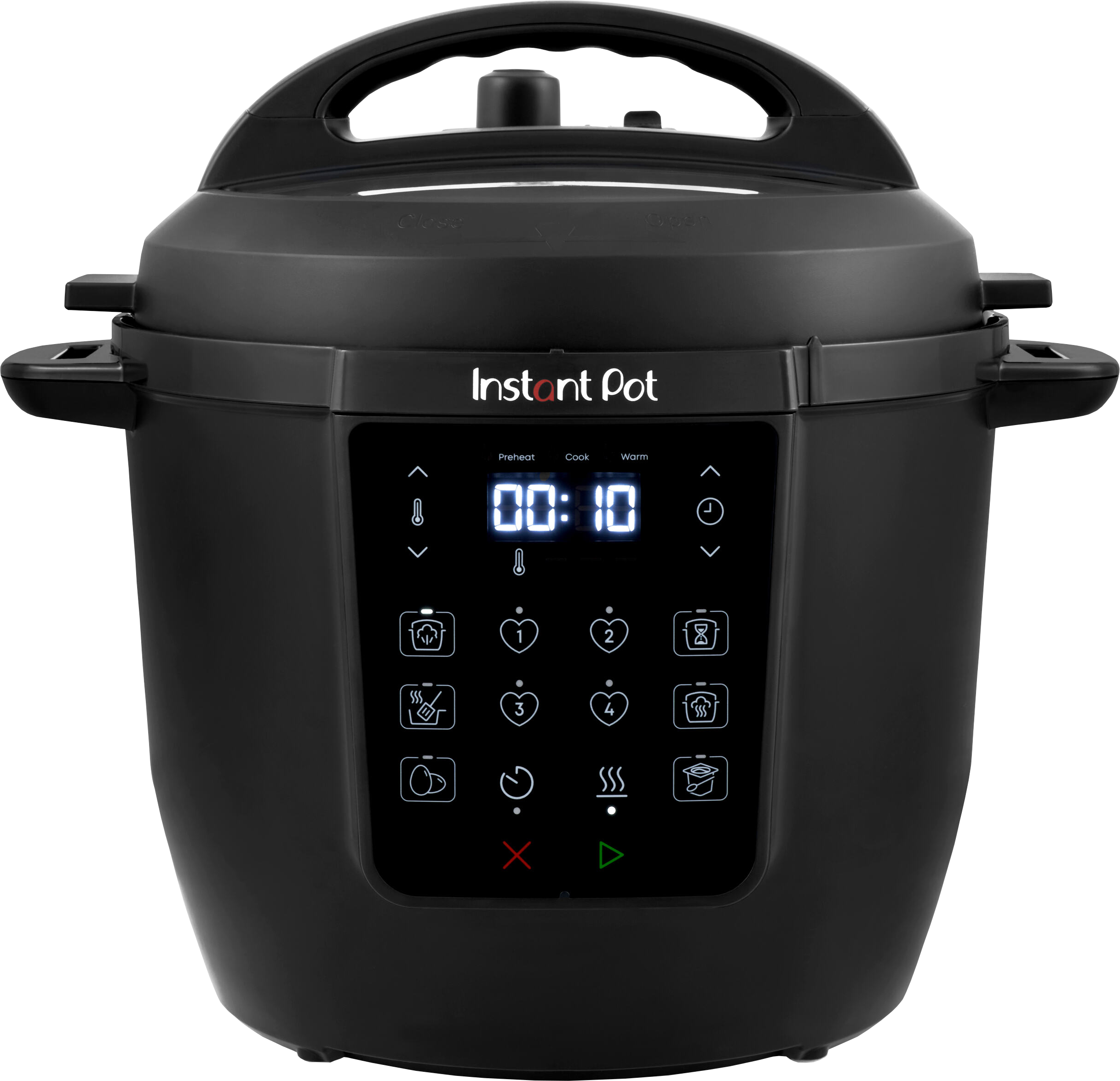 Schwarzer Instant Pot, Digitalanzeige zeigt die Zeit 00:10 an. Er hat verschiedene Kochfunktionssymbole.