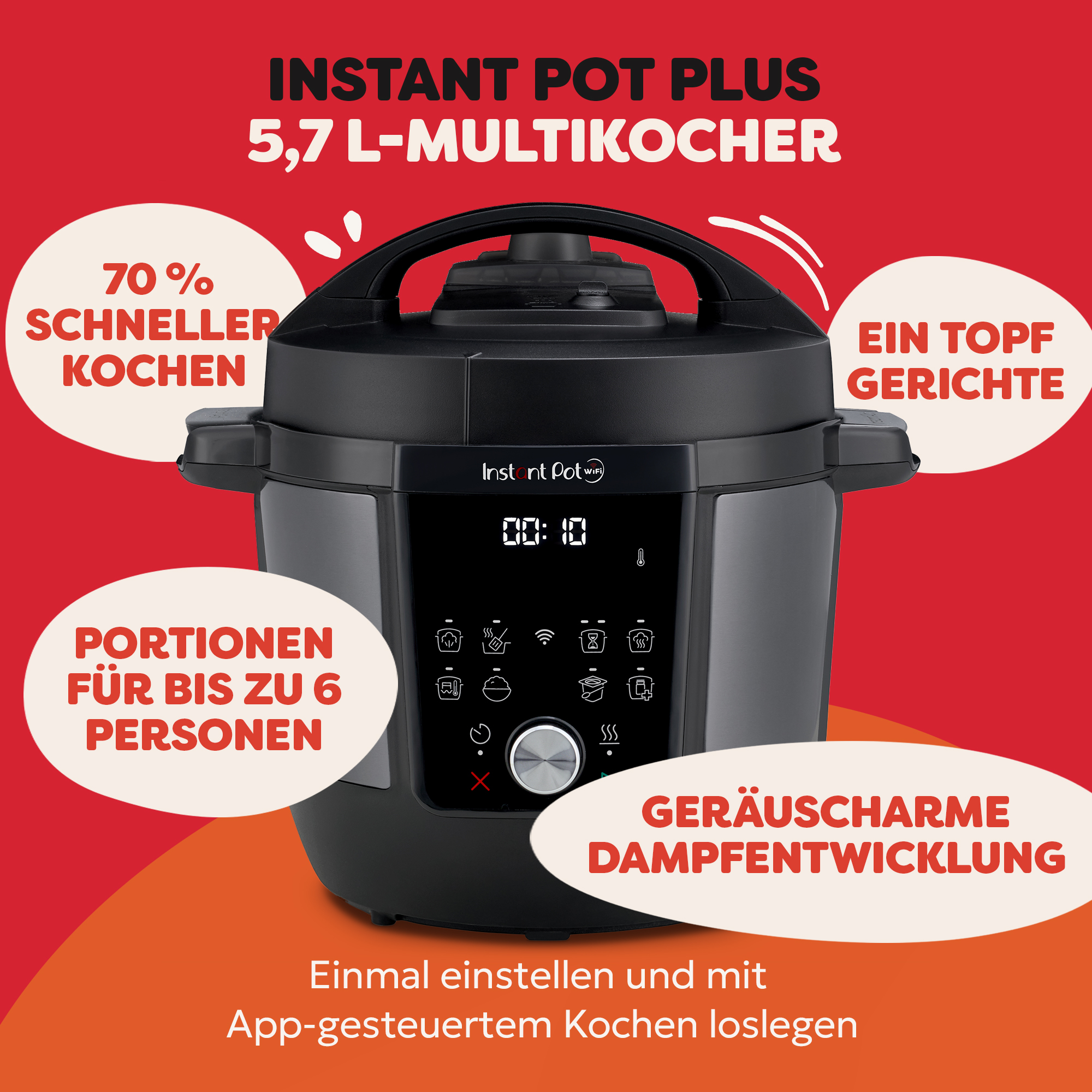 Ein Instant Pot Plus Multikocher. Es ist schwarz mit Textblasen: 70 % schnelleres Kochen, 6 Portionen und leiser Dampf.