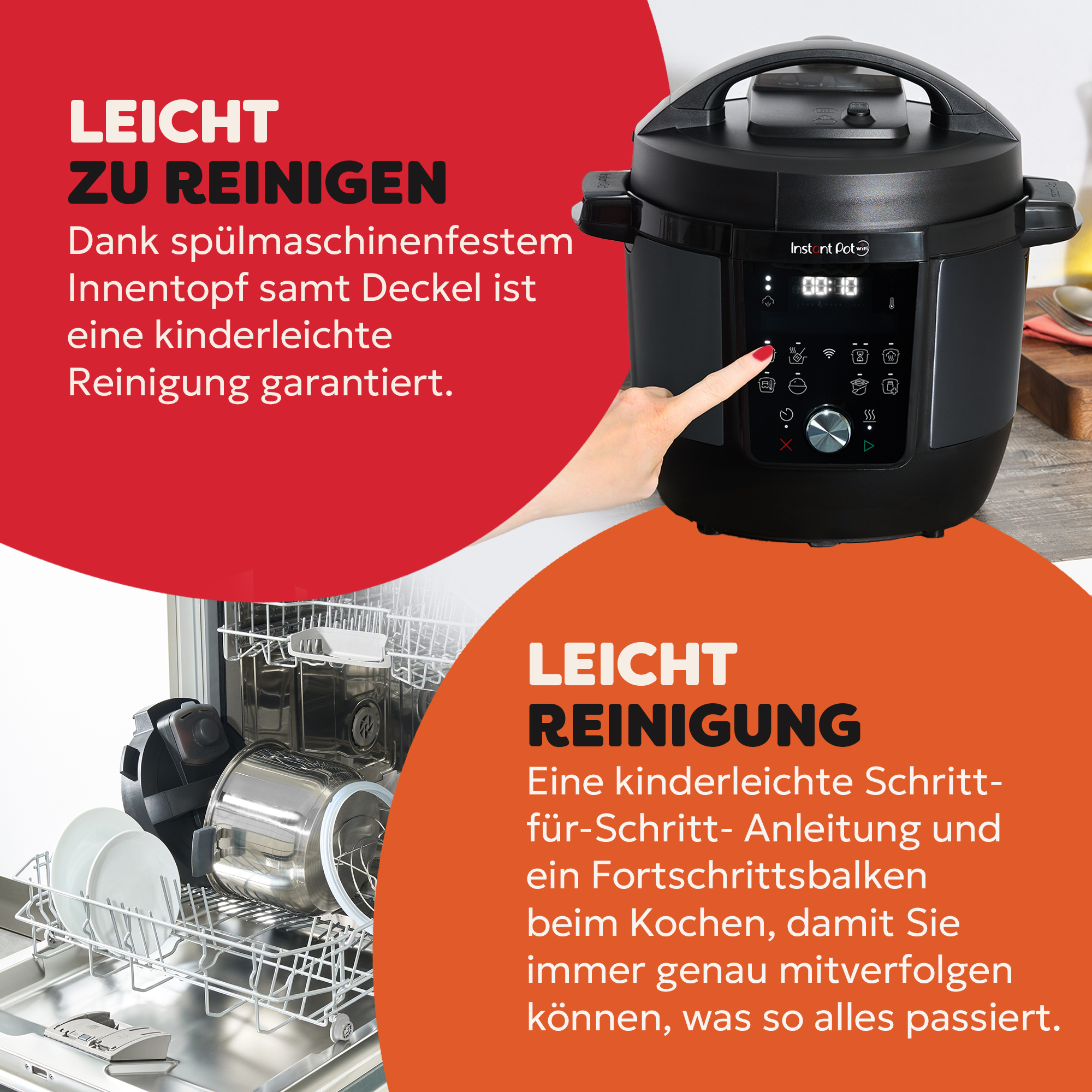 Ein schwarzer Instant Pot mit einer Hand, die auf das Bedienfeld zeigt. Im Hintergrund ein Geschirrspüler mit Geschirr.