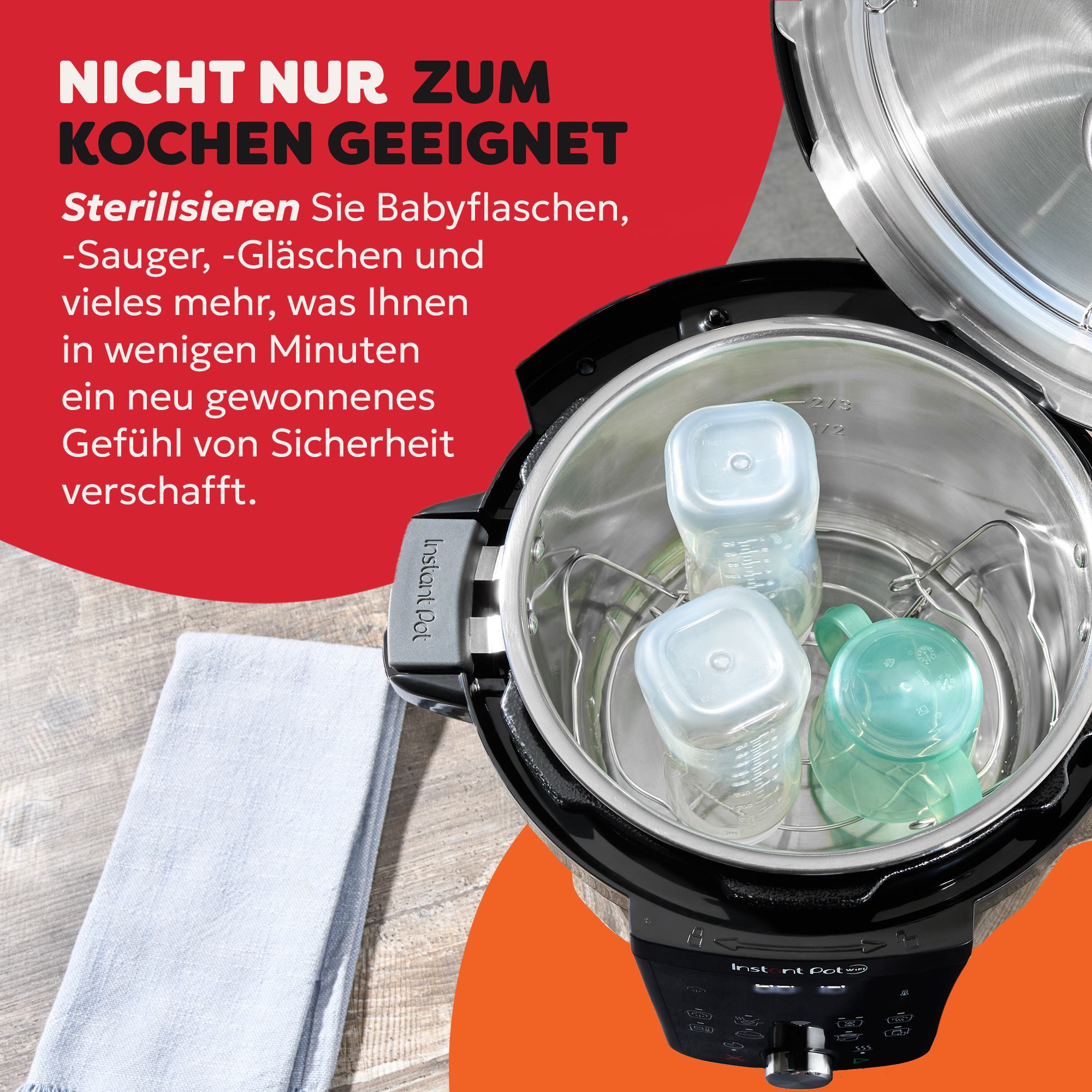 Instant Pot mit Babyflaschen. Text: Sterilisiert Flaschen, Sauger und mehr in wenigen Minuten.