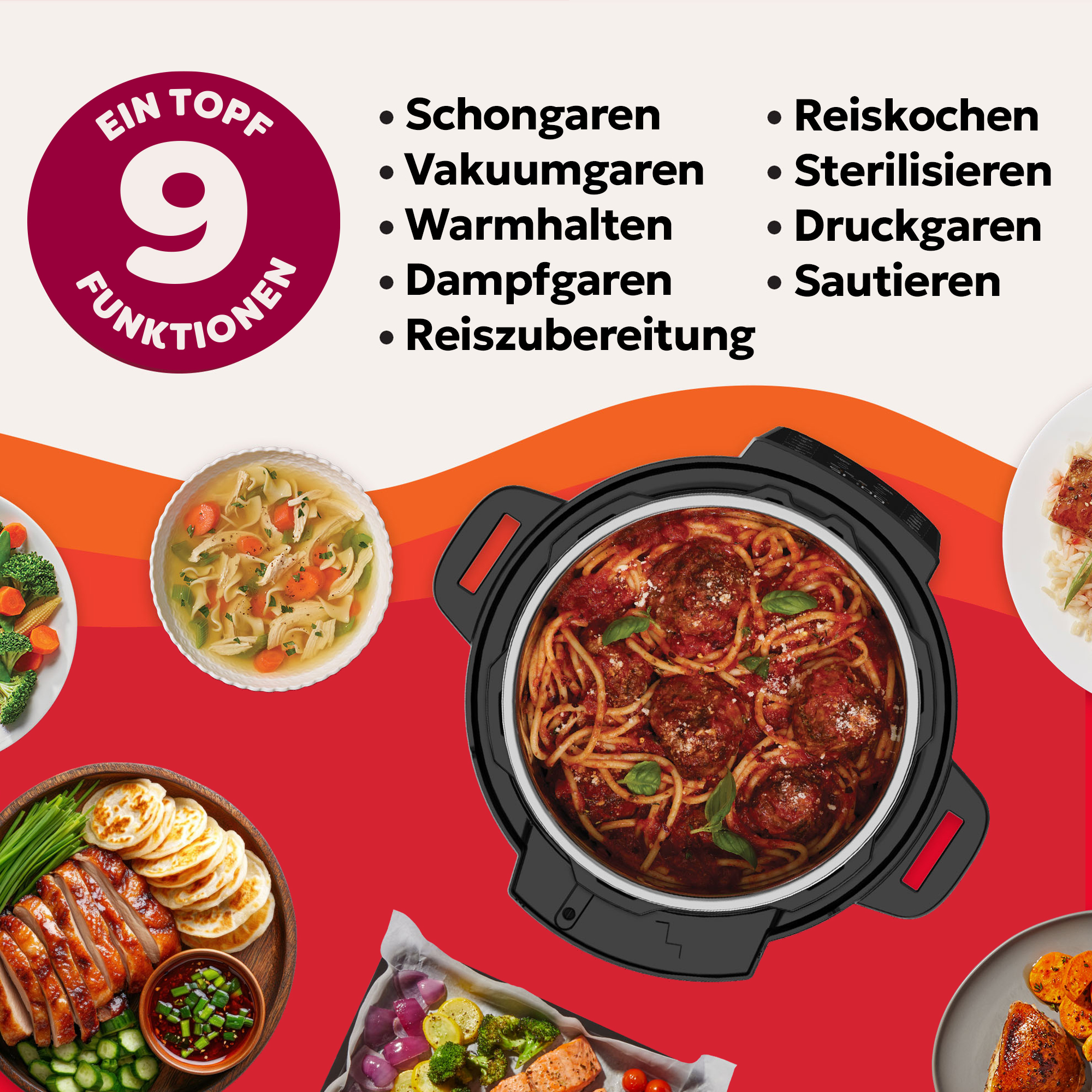 Das Bild zeigt einen Multikocher mit verschiedenen gekochten Gerichten und Text, der neun Funktionen des Geräts auflistet.