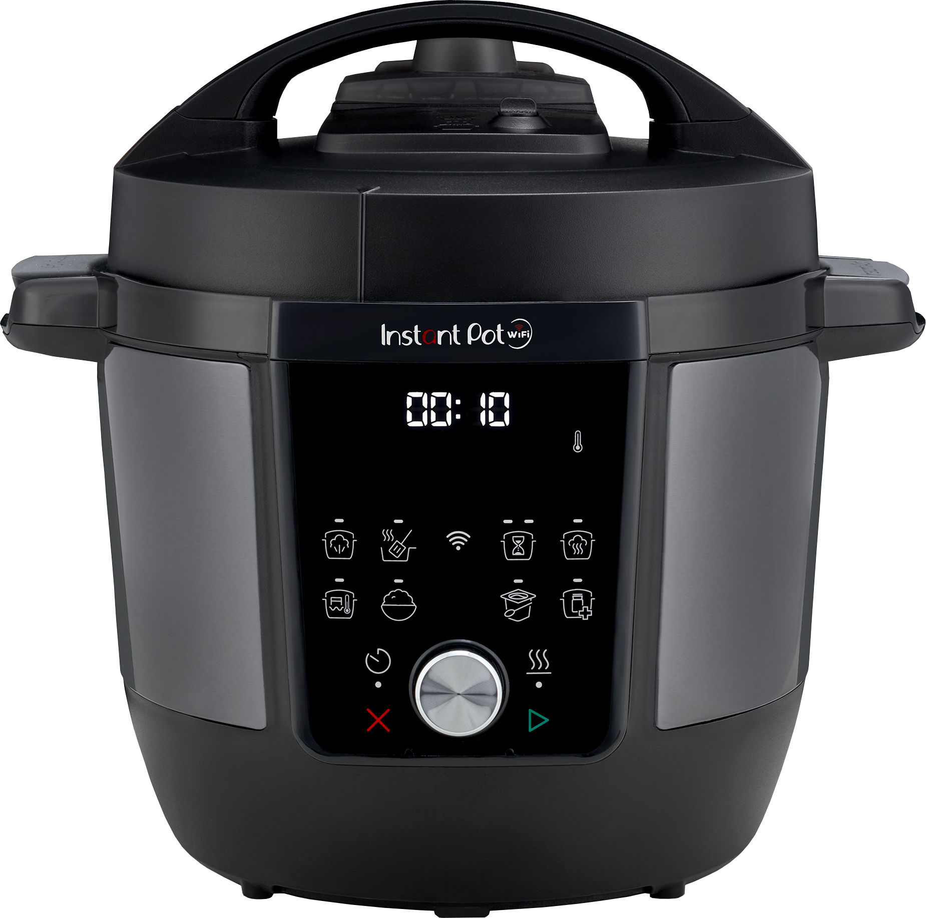 Ein schwarzer Instant Pot mit Digitalanzeige 00:10, Steuertasten und silbernem Drehknopf auf weißem Untergrund.