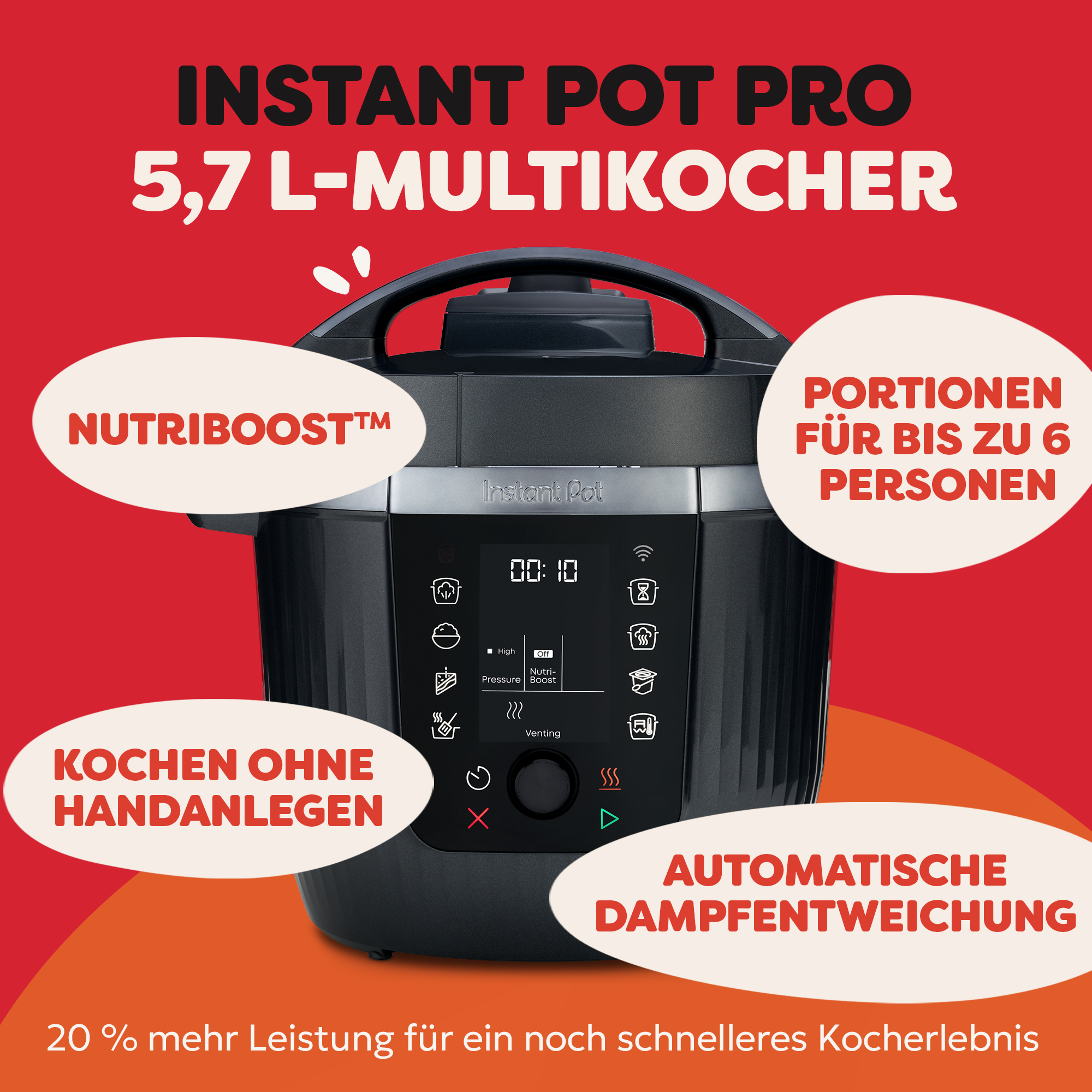 Instant Pot Pro mit Textbeschriftungen, schwarze Farbe, roter Hintergrund. Zeigt Knöpfe und Zeit an. Werbebotschaft: automatische Dampfablassung.