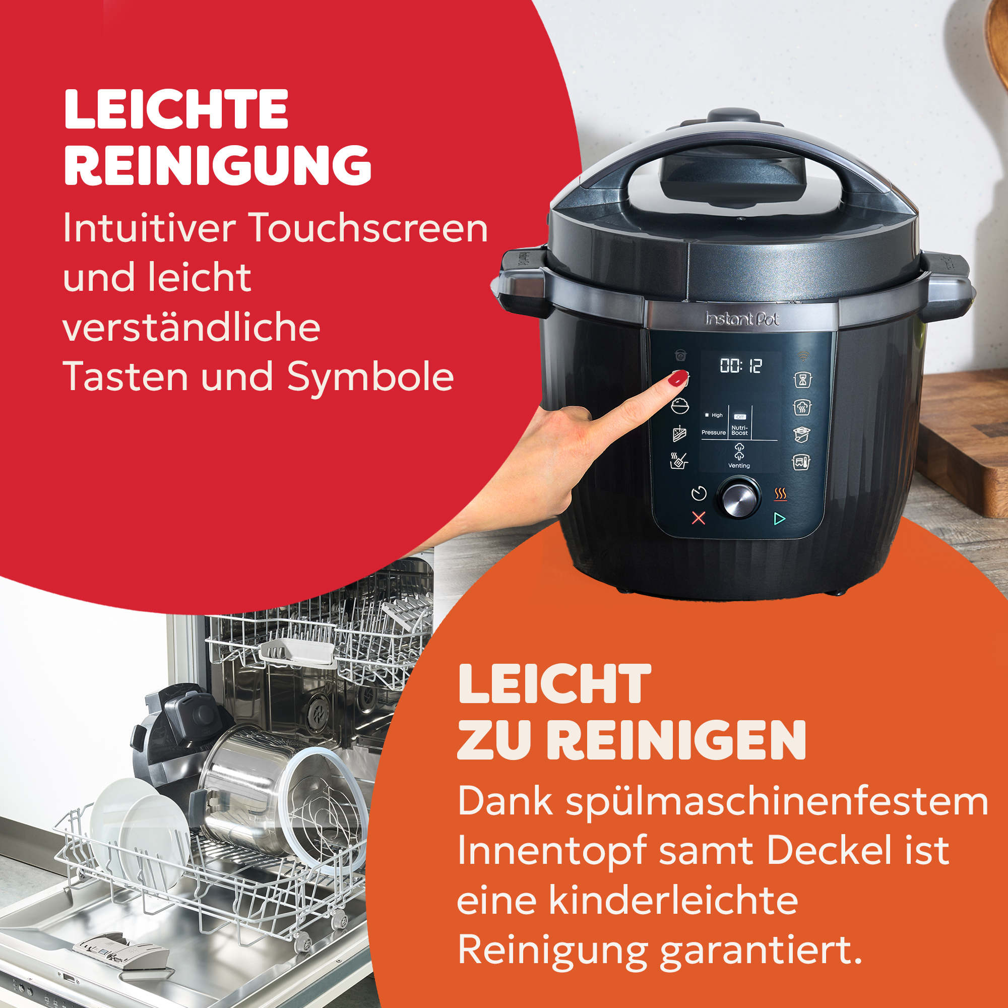 Ein schwarzer Instant Pot, dessen Taste von einem Finger gedrückt wird. Im Hintergrund ist eine Spülmaschine.