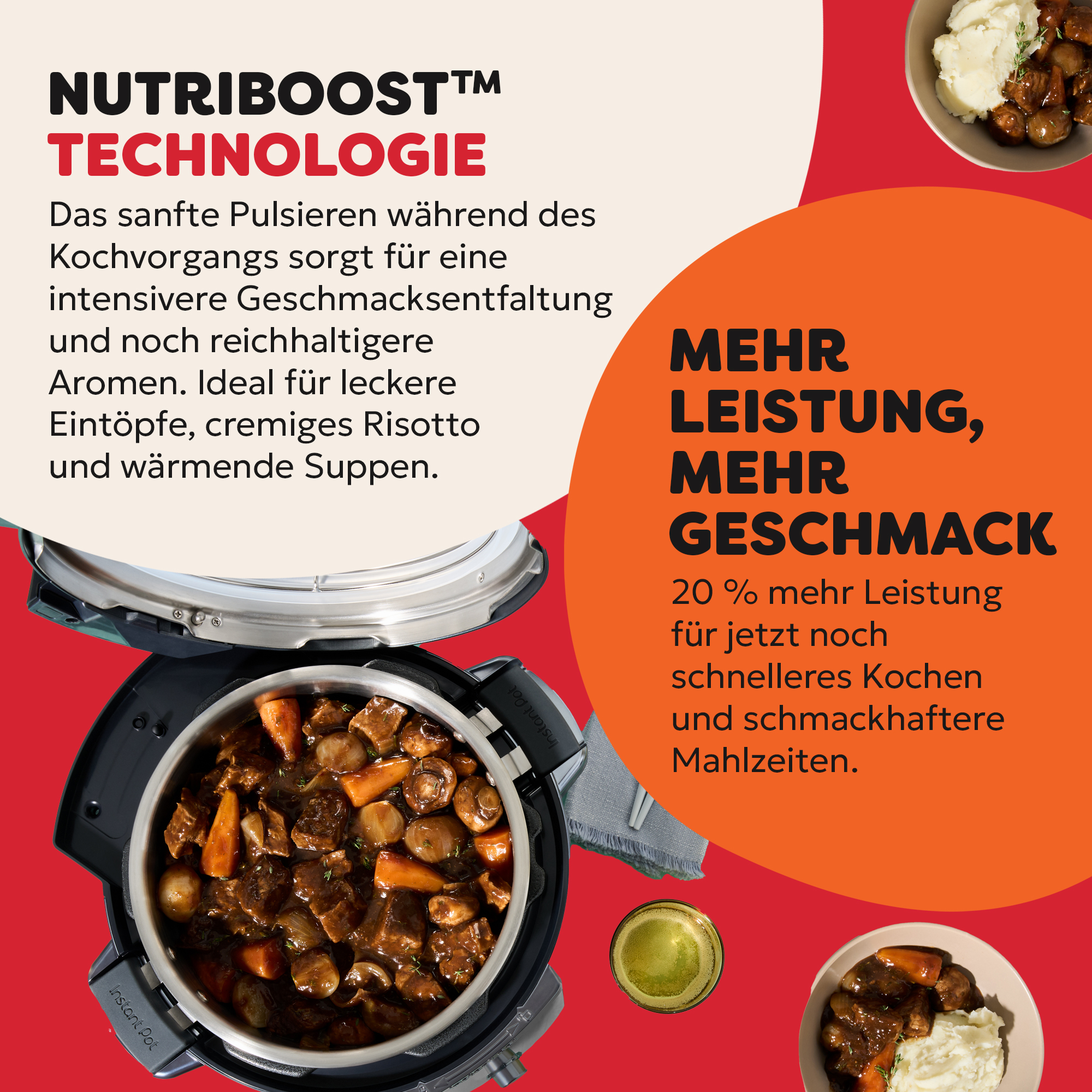 Ein offener Instant Pot mit Eintopf. Der Text hebt die Nutriboost-Technologie für verbesserten Geschmack hervor. Oranger Kreis mit Text rechts.