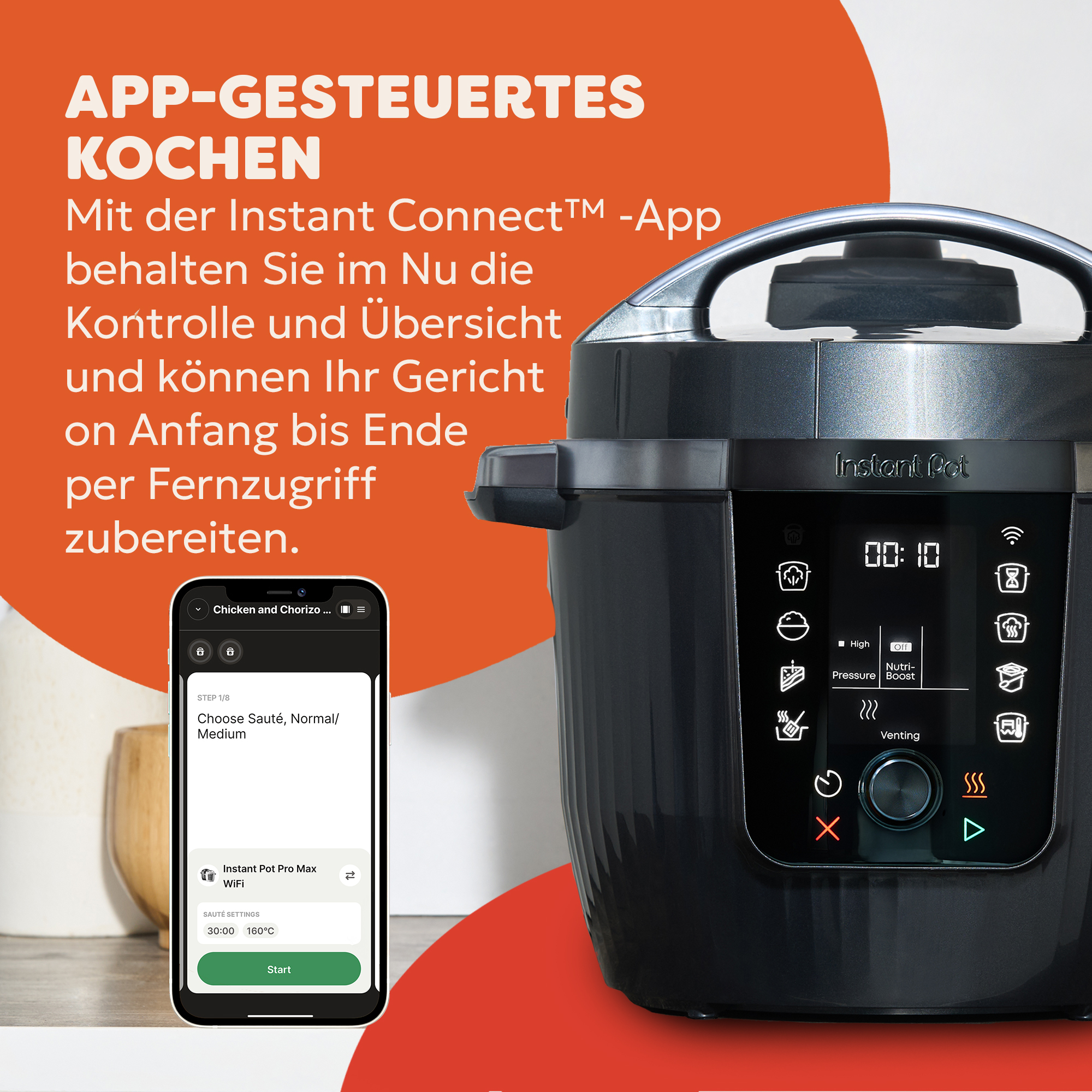 Ein Instant Pot mit Telefon, das die App zum Kochen zeigt. Es ist schwarz und auf orangefarbenem Hintergrund.