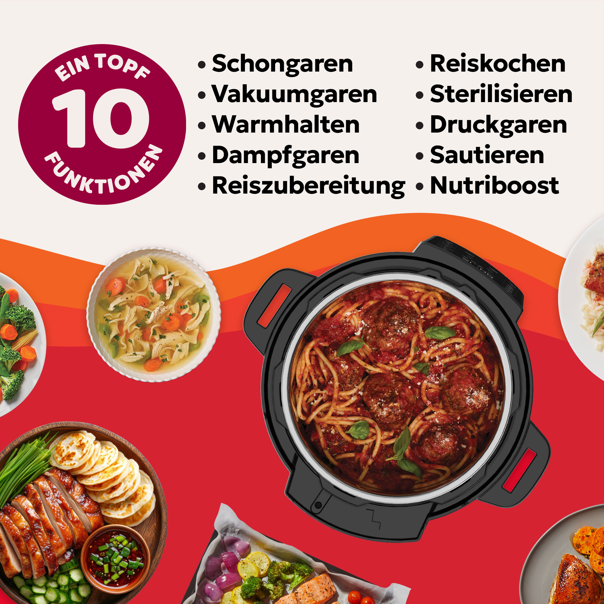 Ein Multikocher mit Spaghetti und Fleischbällchen als Hauptgericht, umgeben von anderen Speisen. Das Bild zeigt 10 Kochfunktionen.
