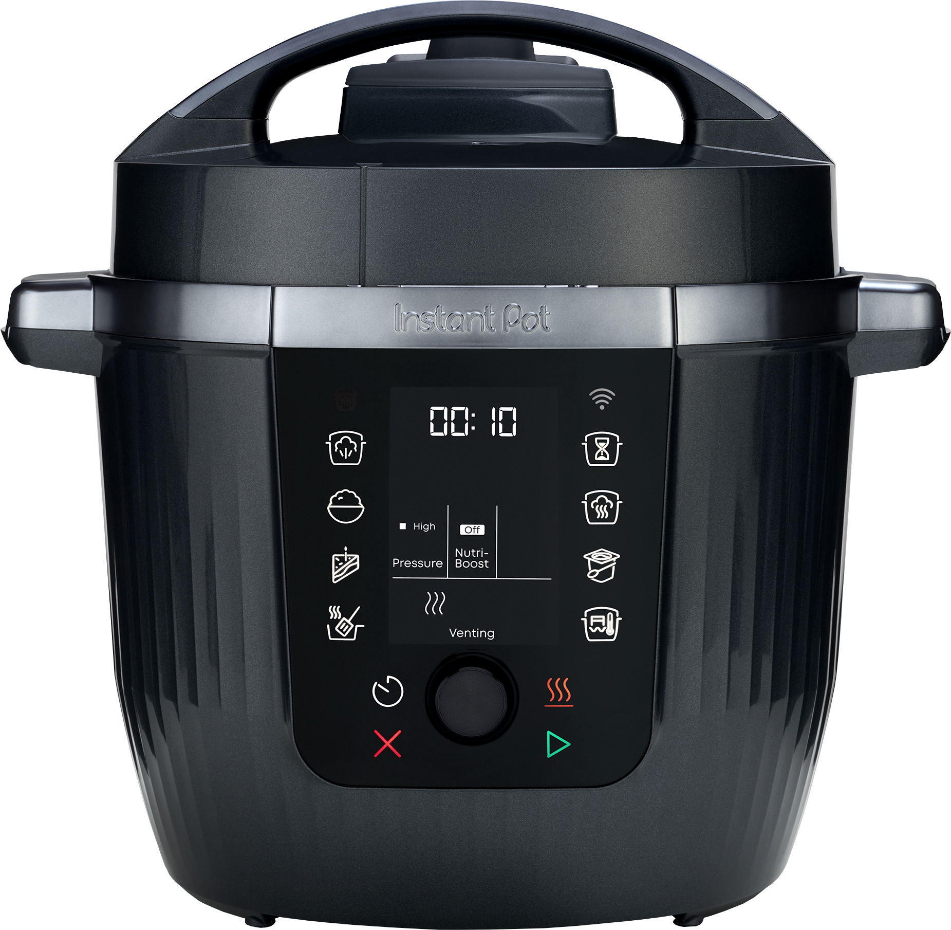 Ein dunkelgrauer Instant Pot mit digitaler Anzeige 00:10. Er hat einen Griff und ein Bedienfeld mit Symbolen.