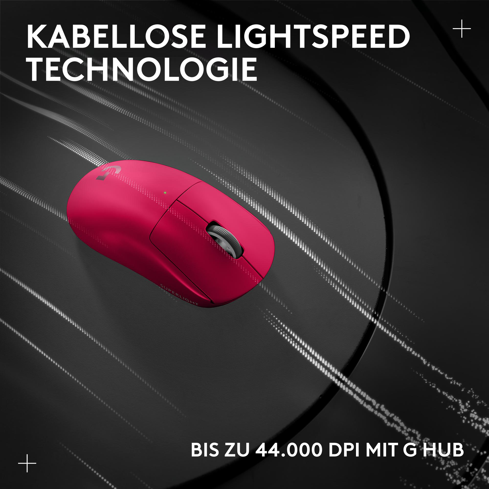 Eine magenta kabellose Maus auf einer schwarzen Oberfläche. Text: 'KABELLOSE LIGHTSPEED TECHNOLOGIE' und 'BIS ZU 44.000 DPI MIT G HUB'.