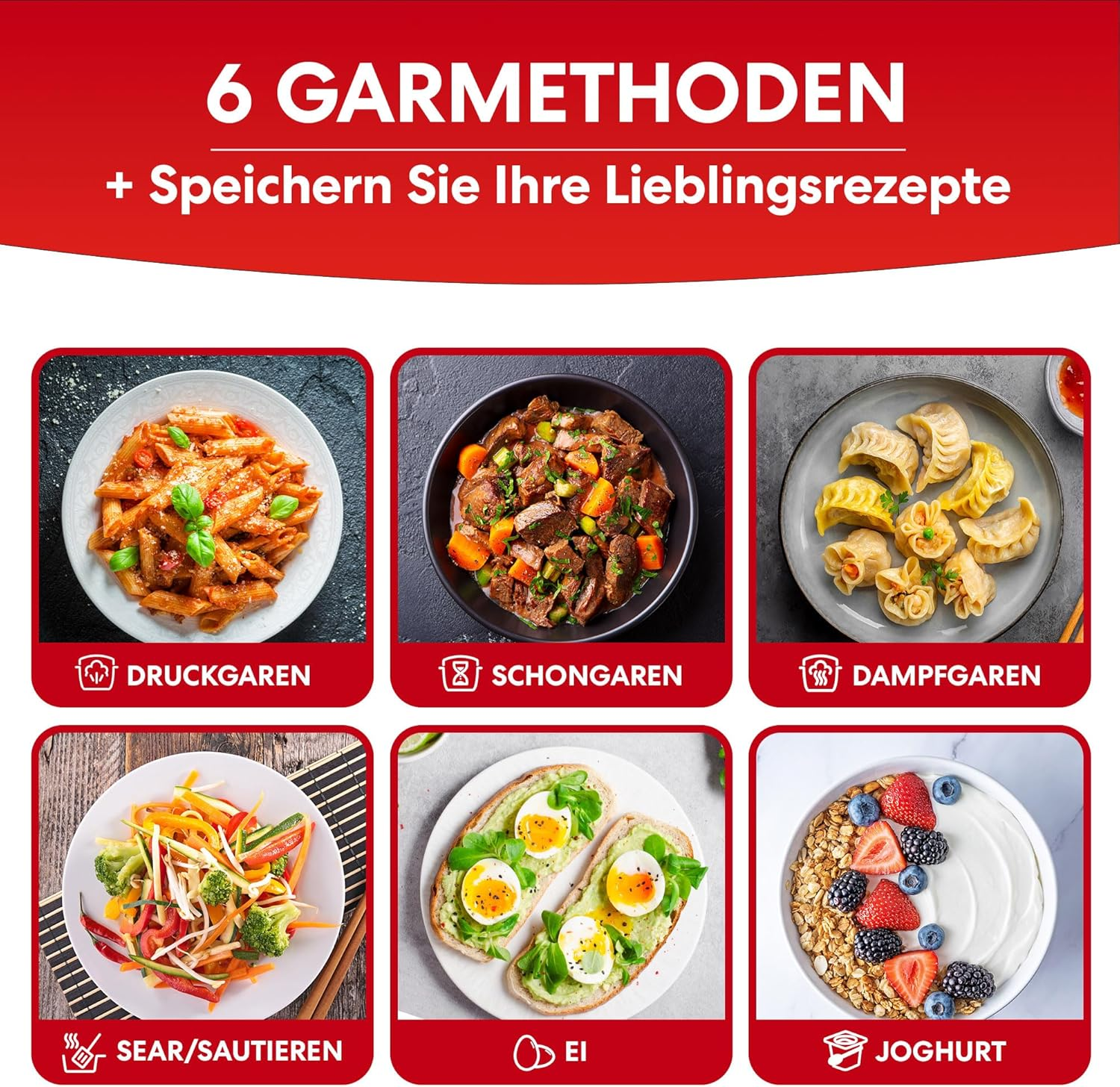 Eine Collage mit sechs Speisebildern: Pasta, Eintopf, Knödel, Gemüse, Eier-Toast, Joghurt mit Früchten, jeweils mit einer Kochmethode.