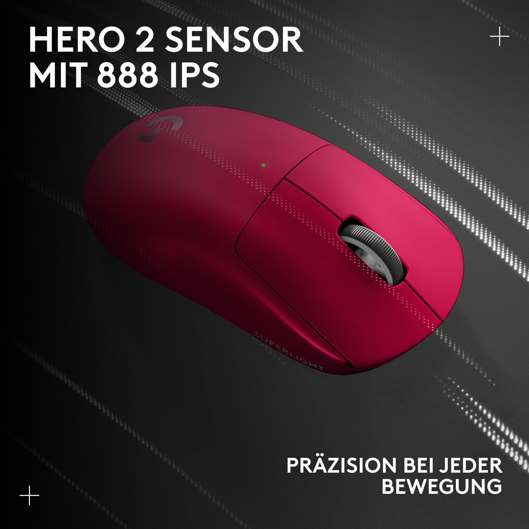 Eine rote kabellose Maus. Text sagt HERO 2 Sensor, 888 IPS und SUPERLIGHT. Der Hintergrund ist dunkel mit Lichtstreifen.
