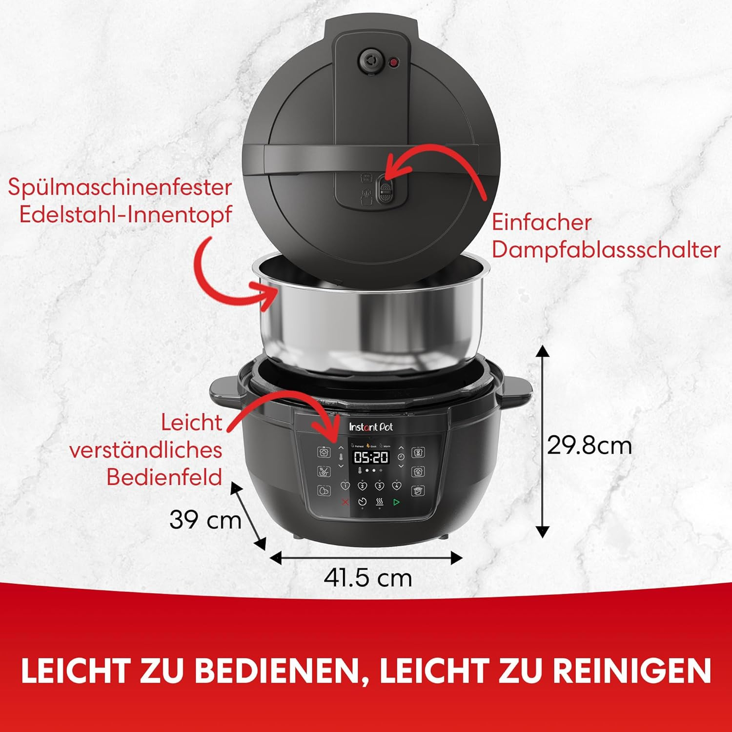 Ein schwarzer Instant Pot mit geöffnetem Deckel, der den Edelstahltopf zeigt. Abmessungen und Merkmale sind beschriftet.