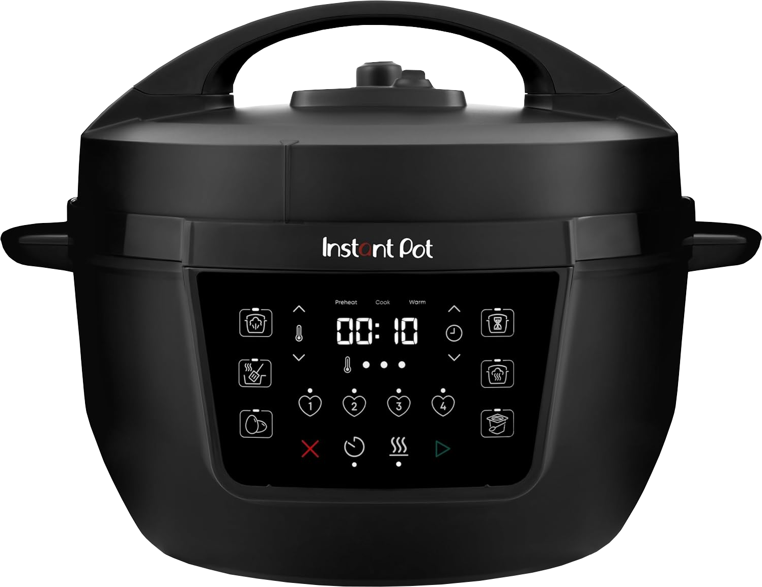 Ein schwarzer Instant Pot mit digitaler Anzeige 00:10. Er hat einen Griff und Tasten für verschiedene Kochfunktionen.