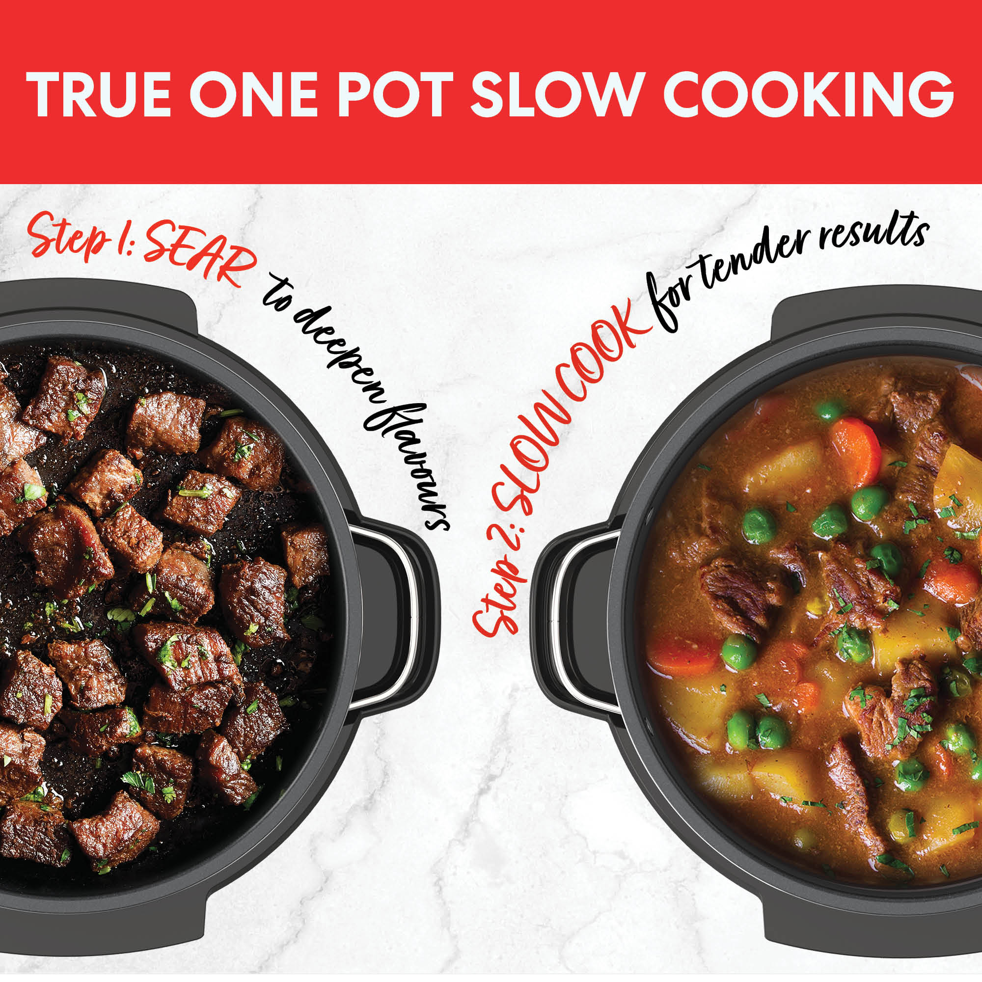 Das Bild zeigt langsames Kochen. Gebratenes Rindfleisch in einem Topf und Eintopf mit Gemüse in einem anderen Topf. Text: True One Pot Slow Cooking.