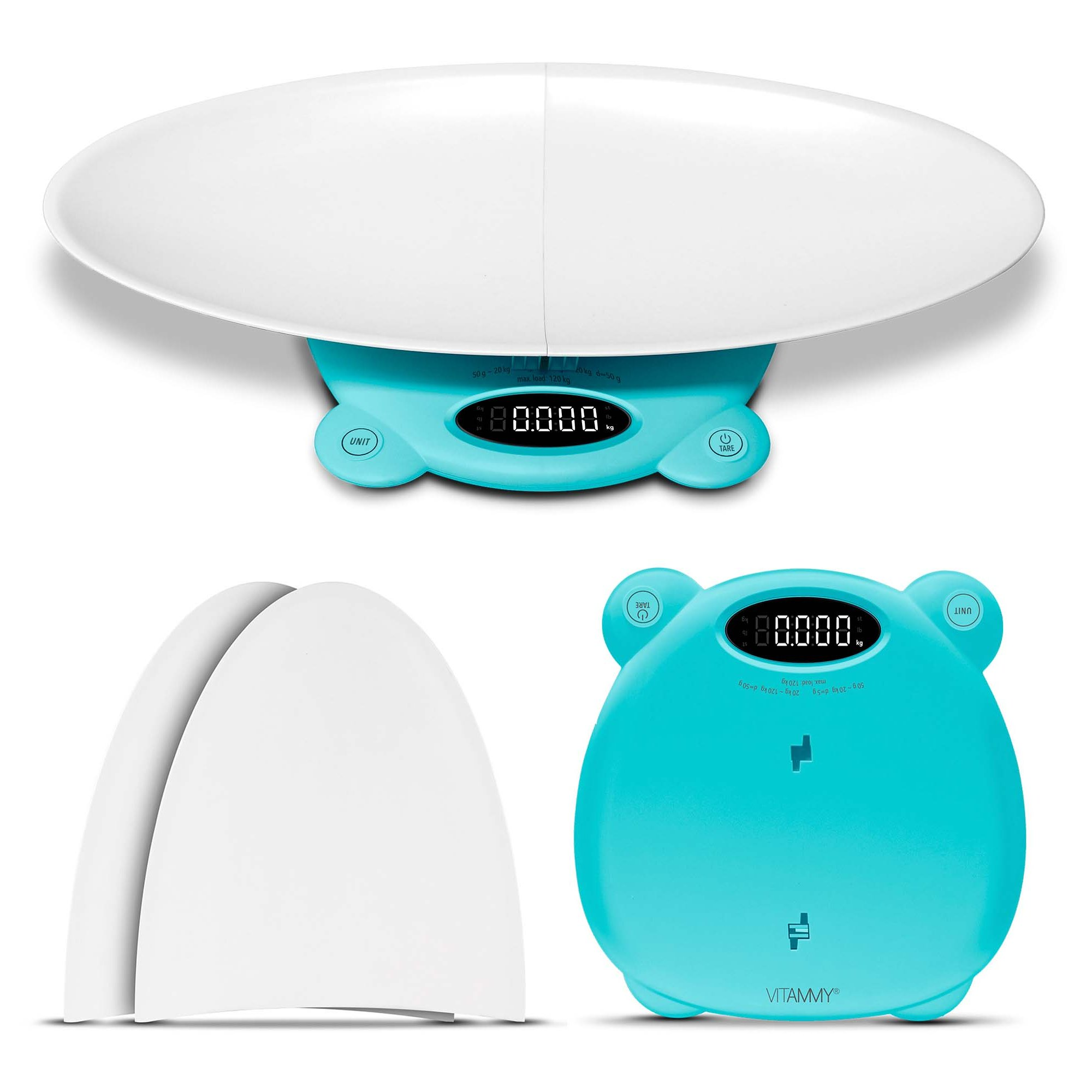 Waga dla dziecka z białą powierzchnią ważącą i turkusową podstawą, pokazująca wagę. Obecne są również dwie oddzielne białe części.