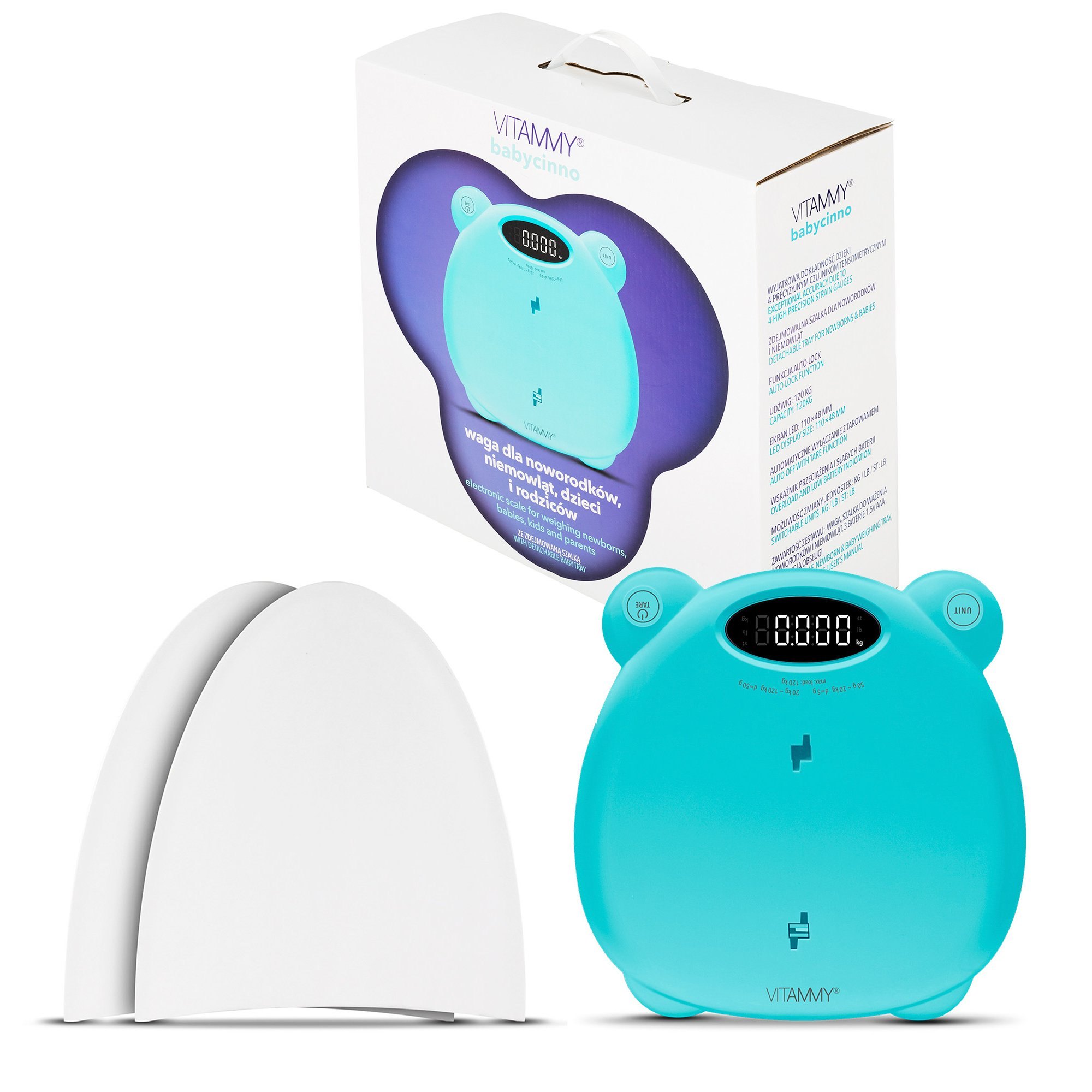 Wyświetlana jest waga dla dziecka i jej pudełko. Waga jest turkusowa, a pudełko białe.