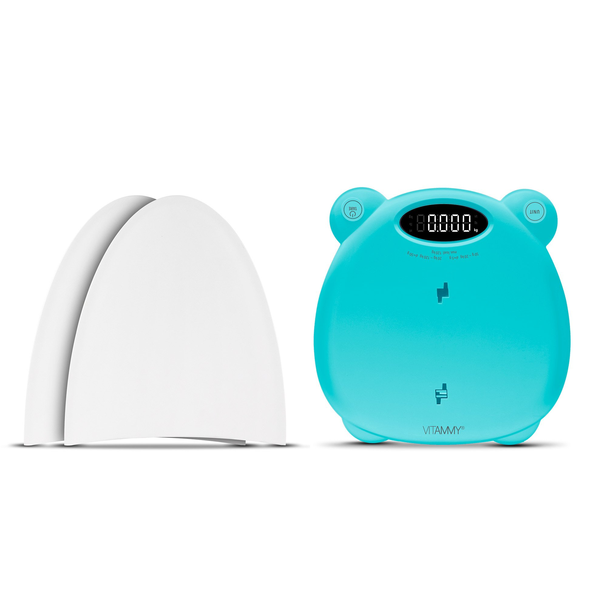 Jasnoniebieska, cyfrowa waga w kształcie żaby z białym stojakiem po lewej stronie. Waga wskazuje 0,000.