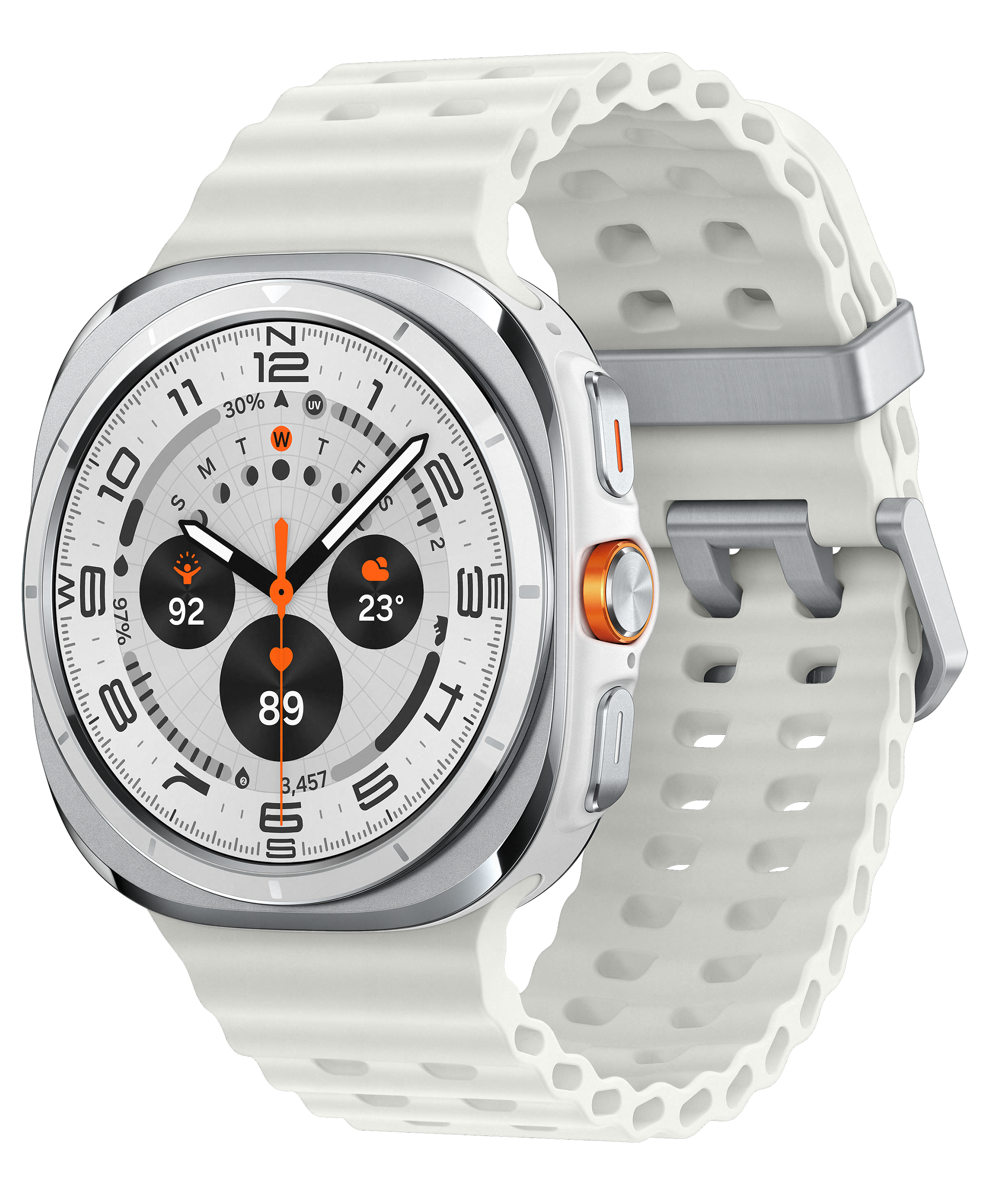 Biały smartwatch z białym paskiem jest wyświetlany na czarnym tle. Tarcza zegarka pokazuje dane i czas.