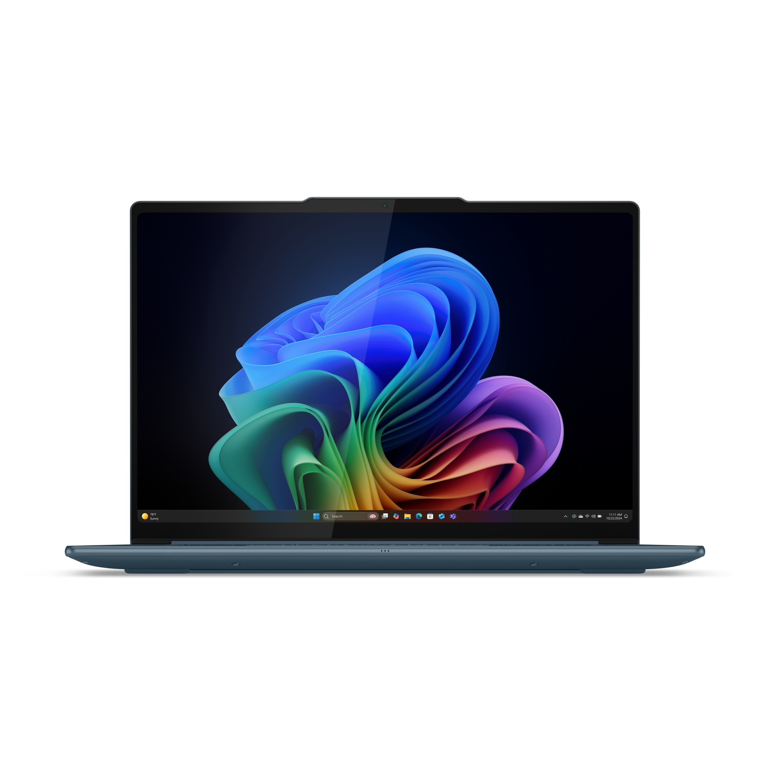 A blue laptop is open, displaying a colorful abstract image. The screen shows a vibrant, swirling design against a dark background.