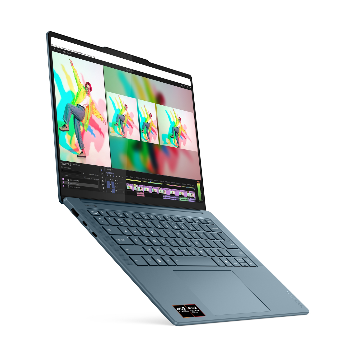 A blue laptop displays video editing software with a colorful image of a person dancing. The laptop is against a white background.