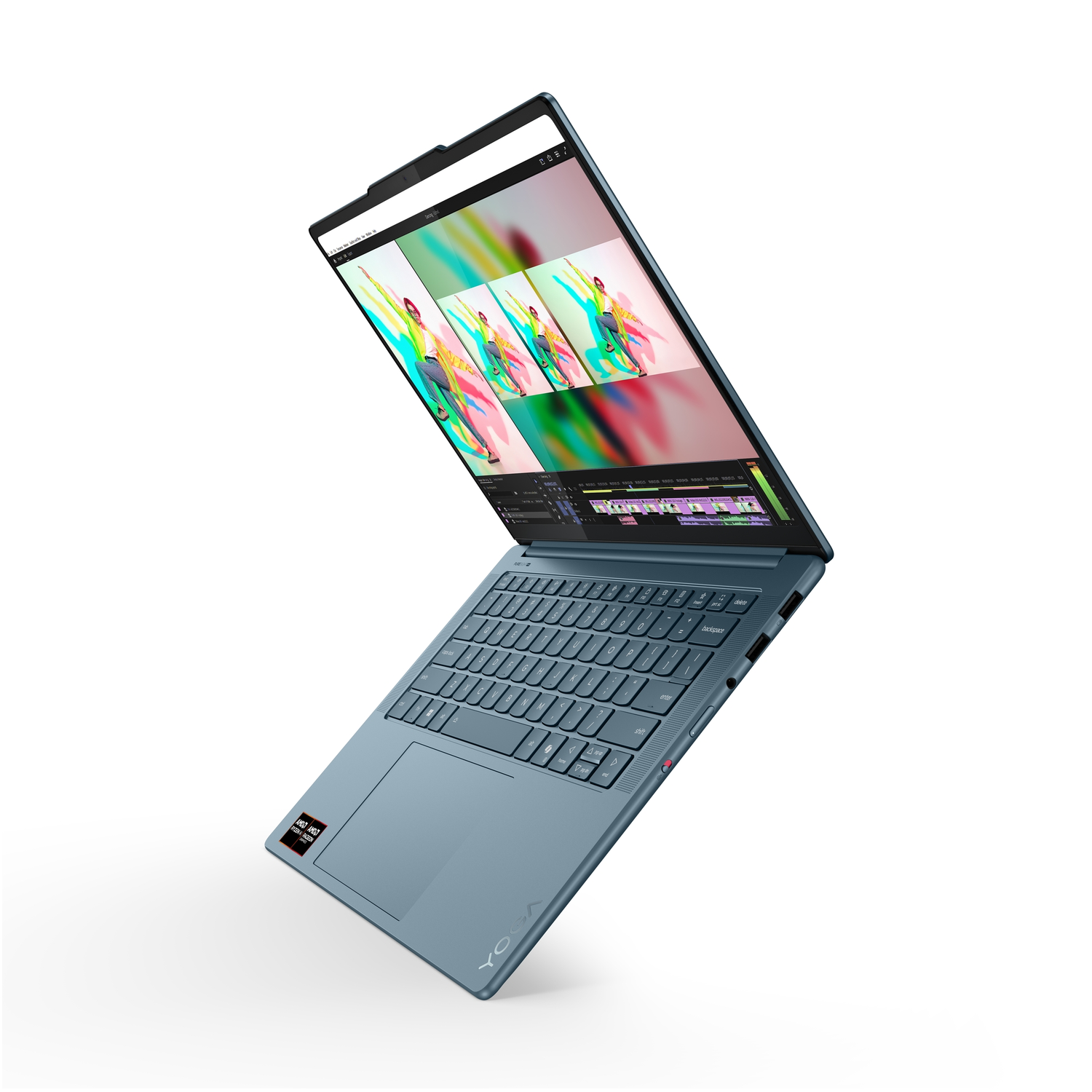 A blue laptop is open, displaying a video editing interface. The screen shows colorful video clips. The laptop is angled on a white background.