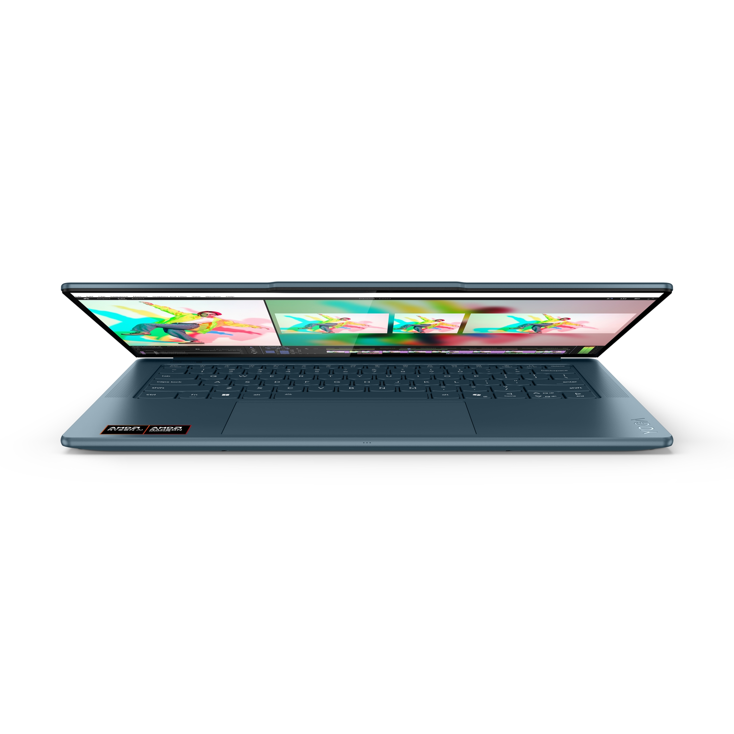 A blue laptop is open, displaying a photo editing interface with multiple images. The keyboard is visible.