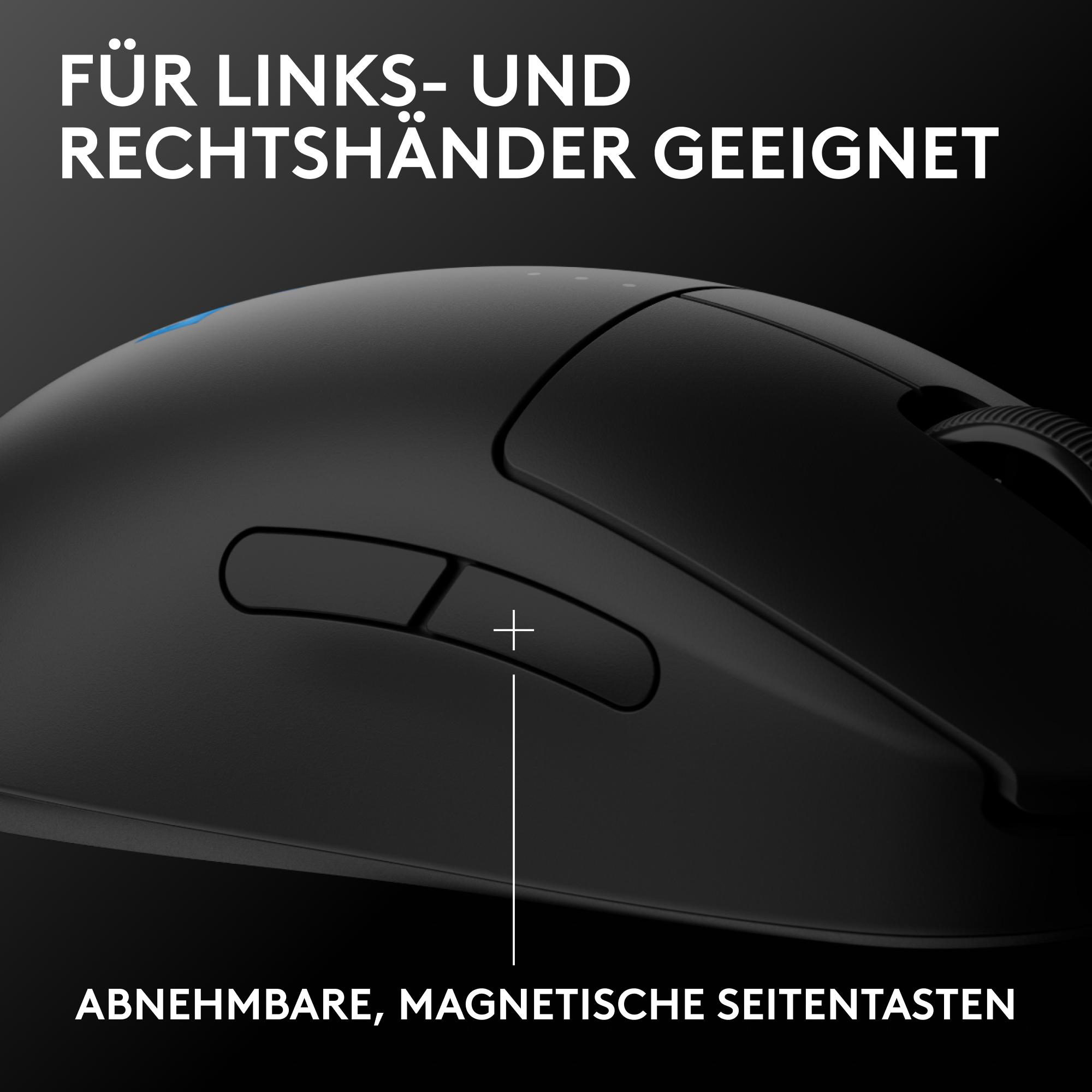 Schwarze Maus mit Text: 'FÜR LINKS- UND RECHTSHÄNDER GEEIGNET'. Hat abnehmbare magnetische Seitentasten.