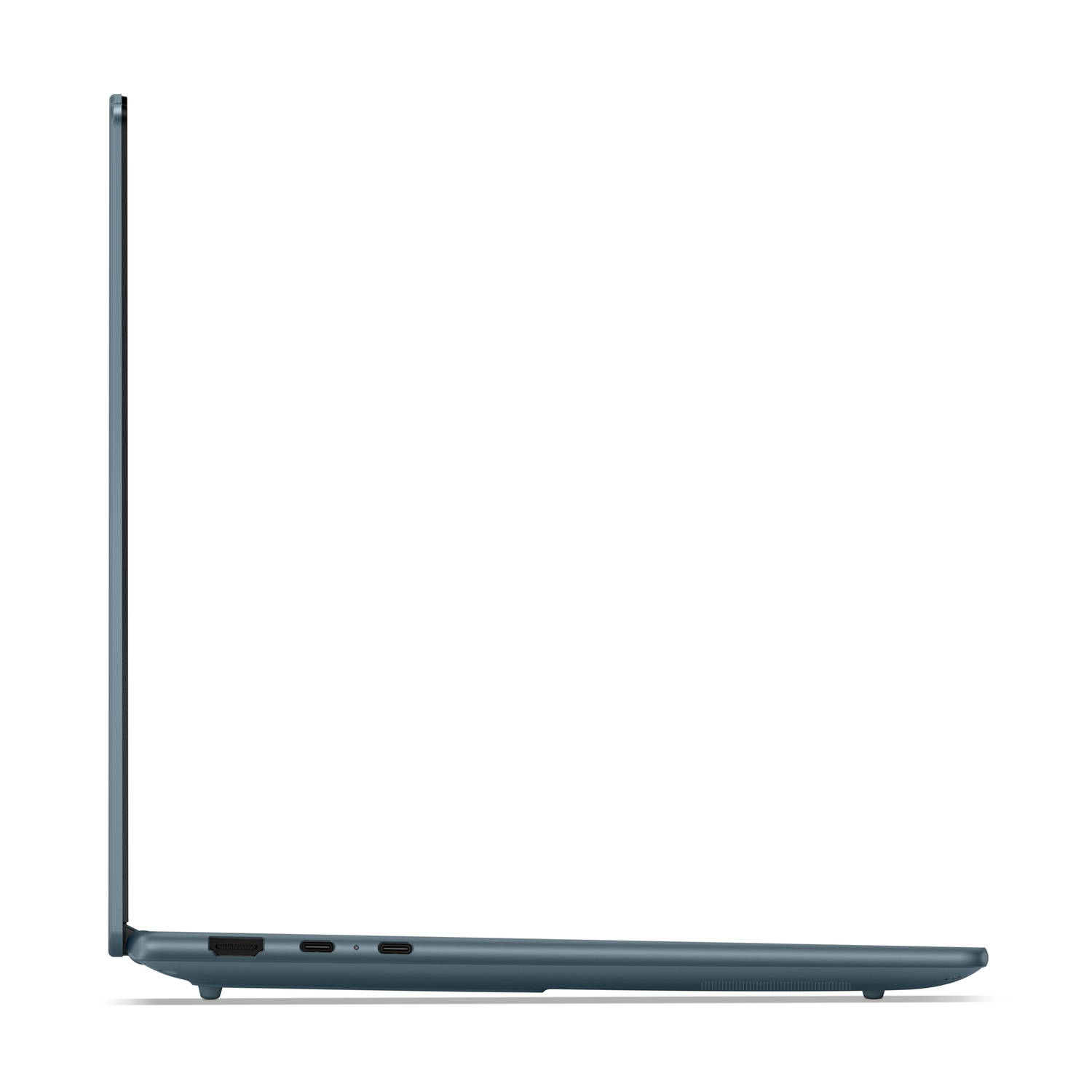 Side view of a teal laptop. The screen is open. Ports and a power button are visible on the side. White background.