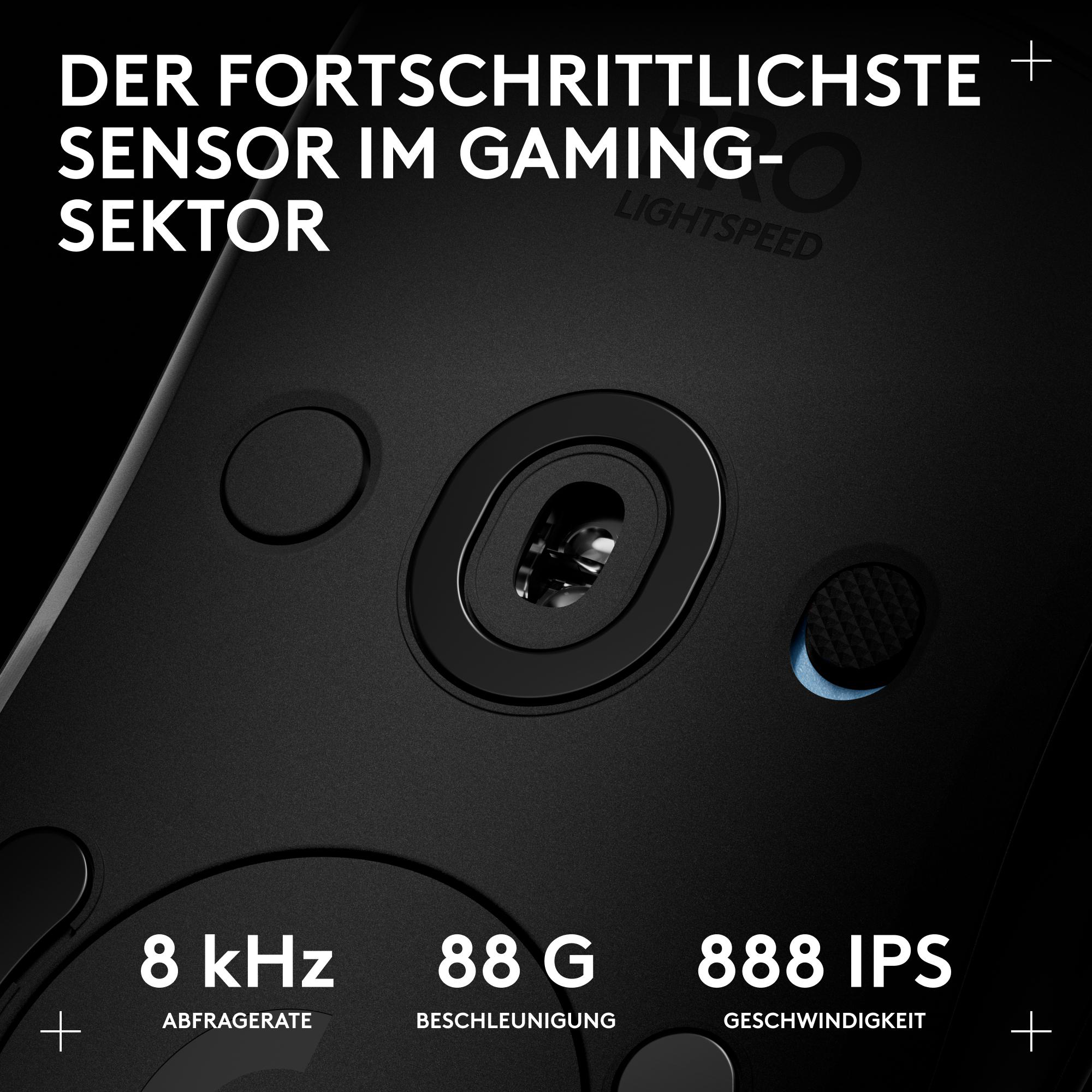 Nahaufnahme einer schwarzen Gaming-Maus mit weißem Text: 'DER FORTSCHRITTLICHSTE SENSOR' und Spezifikationen: 8 kHz, 88 G, 888 IPS.