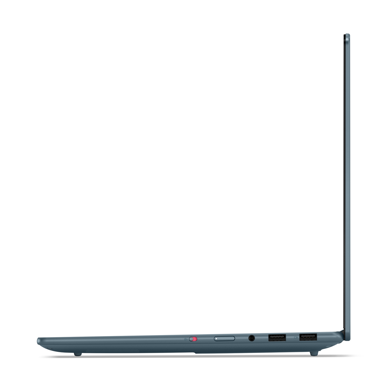 A side view of a blue laptop. The screen is open. It has USB ports, a headphone jack, and a power button.