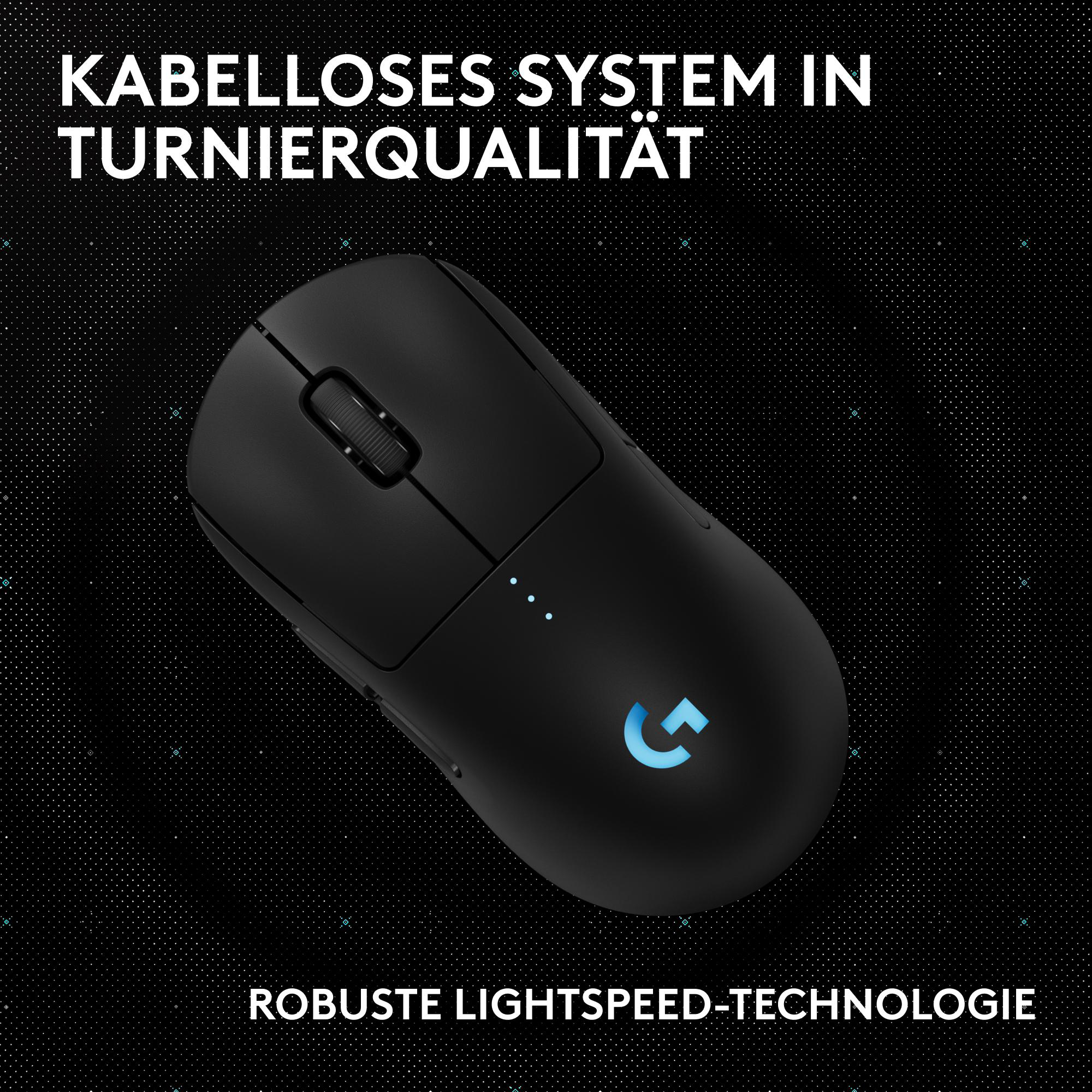 Schwarze drahtlose Gaming-Maus auf dunklem Hintergrund. Texte sagen 'Kabelloses System' und 'Robuste LIGHTSPEED-Technologie'.