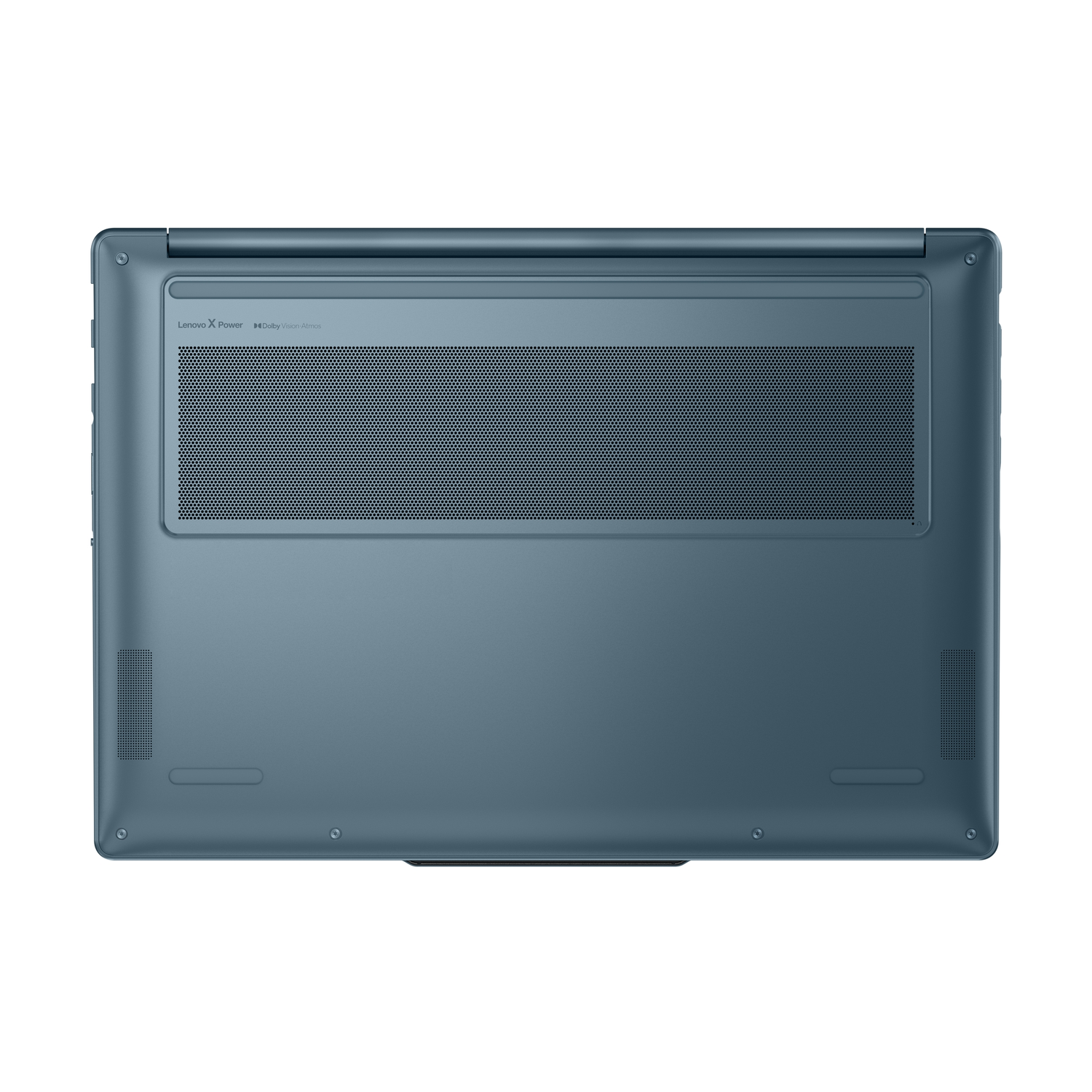 Laptop underside. Gray-blue color, with speaker vents, Lenovo X Power and Dolby Vision-Atmos branding. Clean, modern design.