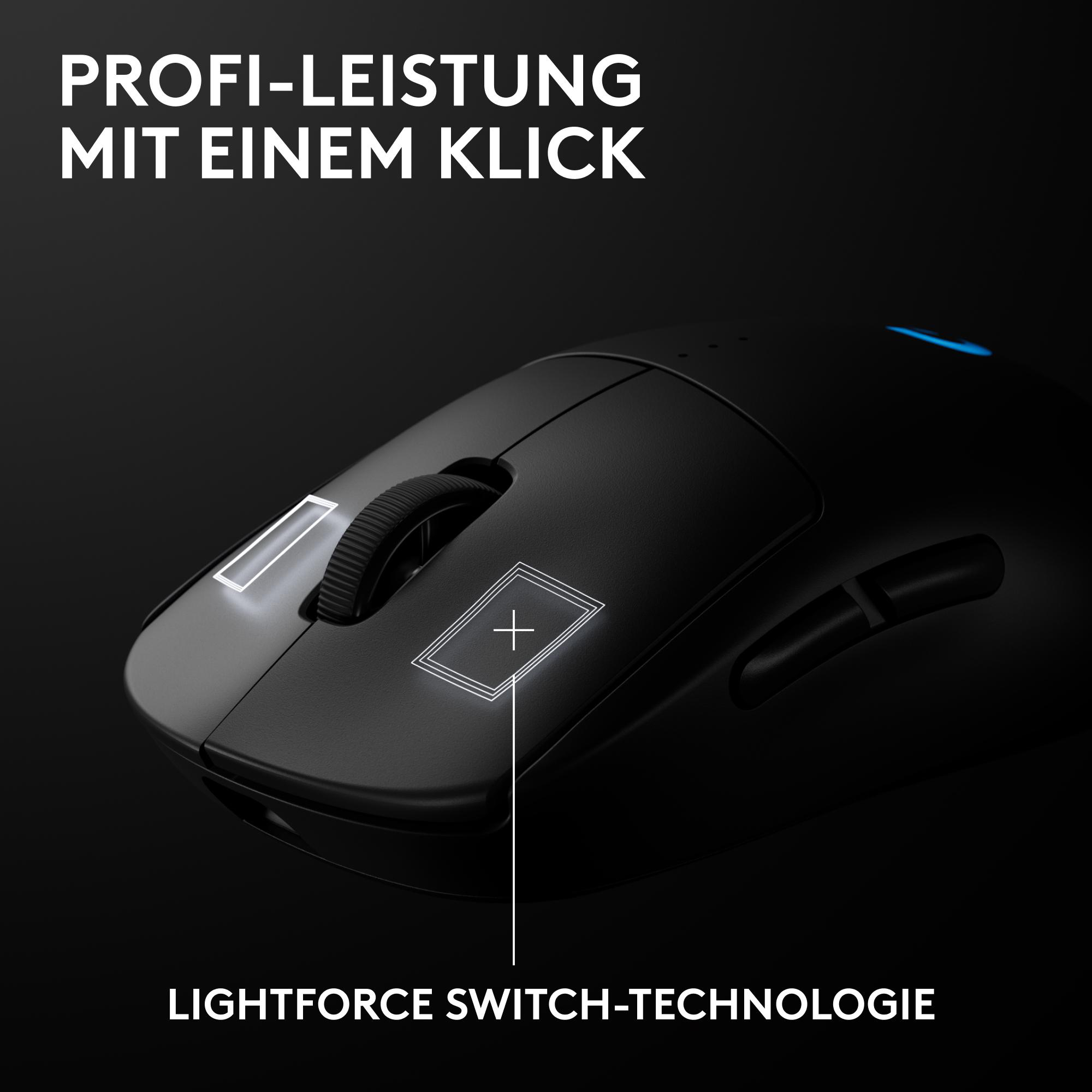 Schwarze Gaming-Maus mit Scrollrad und beleuchteten Tasten. Oben steht 'PROFI-LEISTUNG MIT EINEM KLICK'.