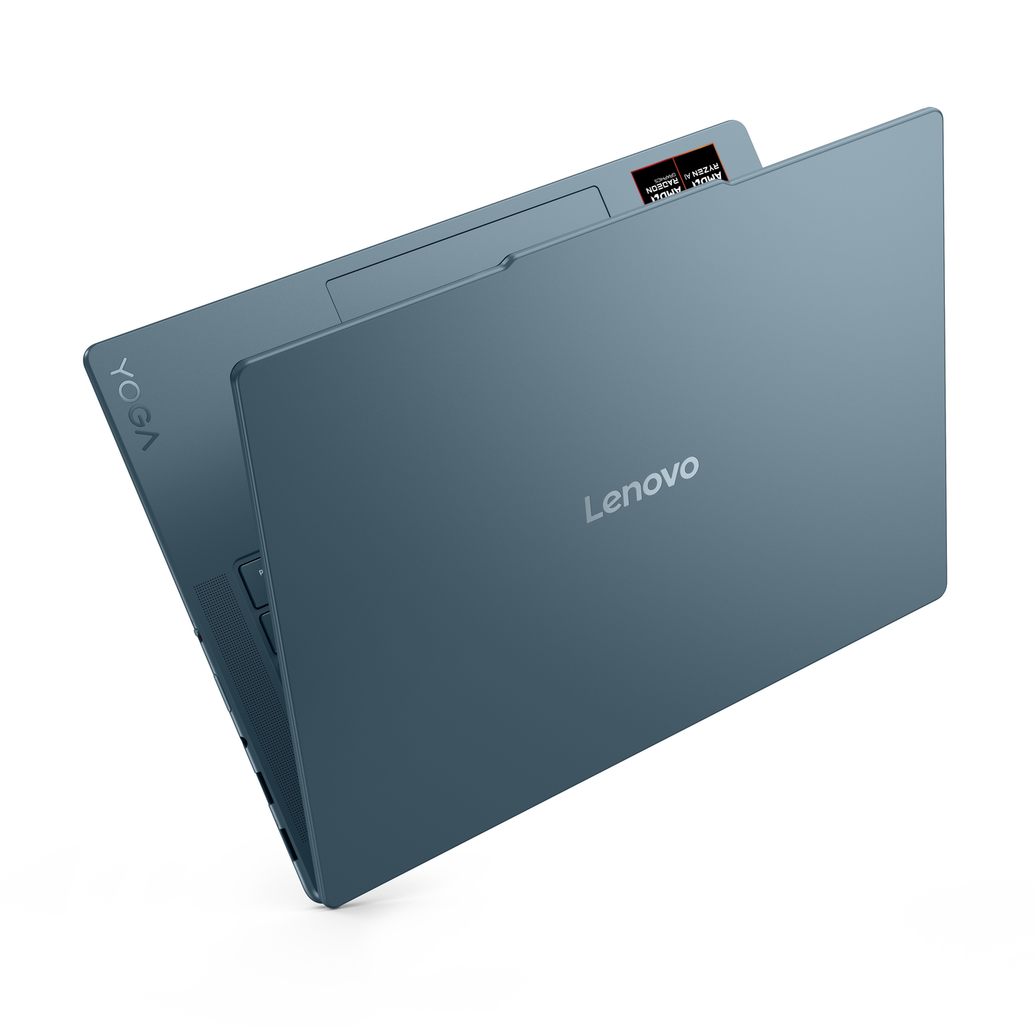 A blue Lenovo Yoga laptop is open on a white surface. The Lenovo logo is visible. The laptop is slightly angled.