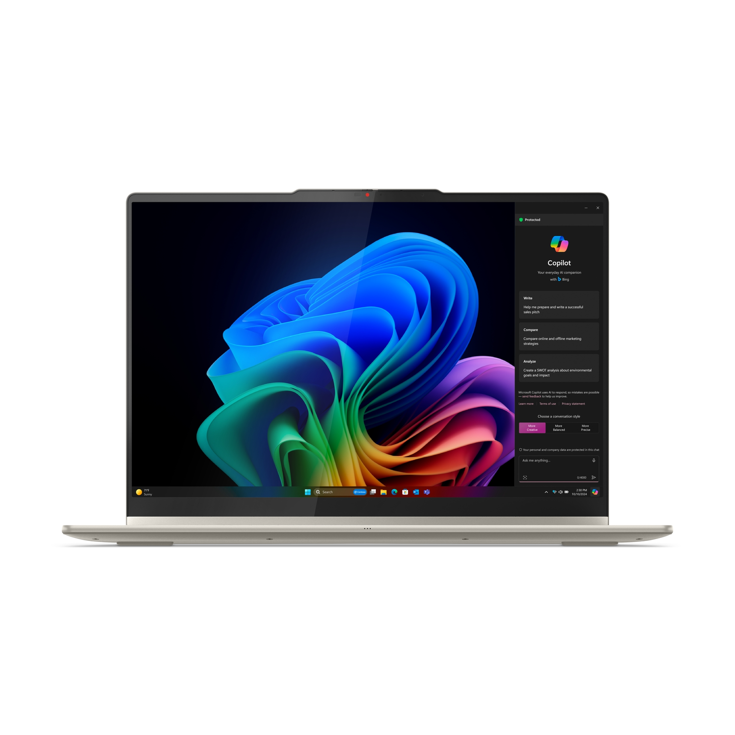 A laptop displays a colorful abstract image. The screen shows a Copilot window. The laptop is open on a white surface.