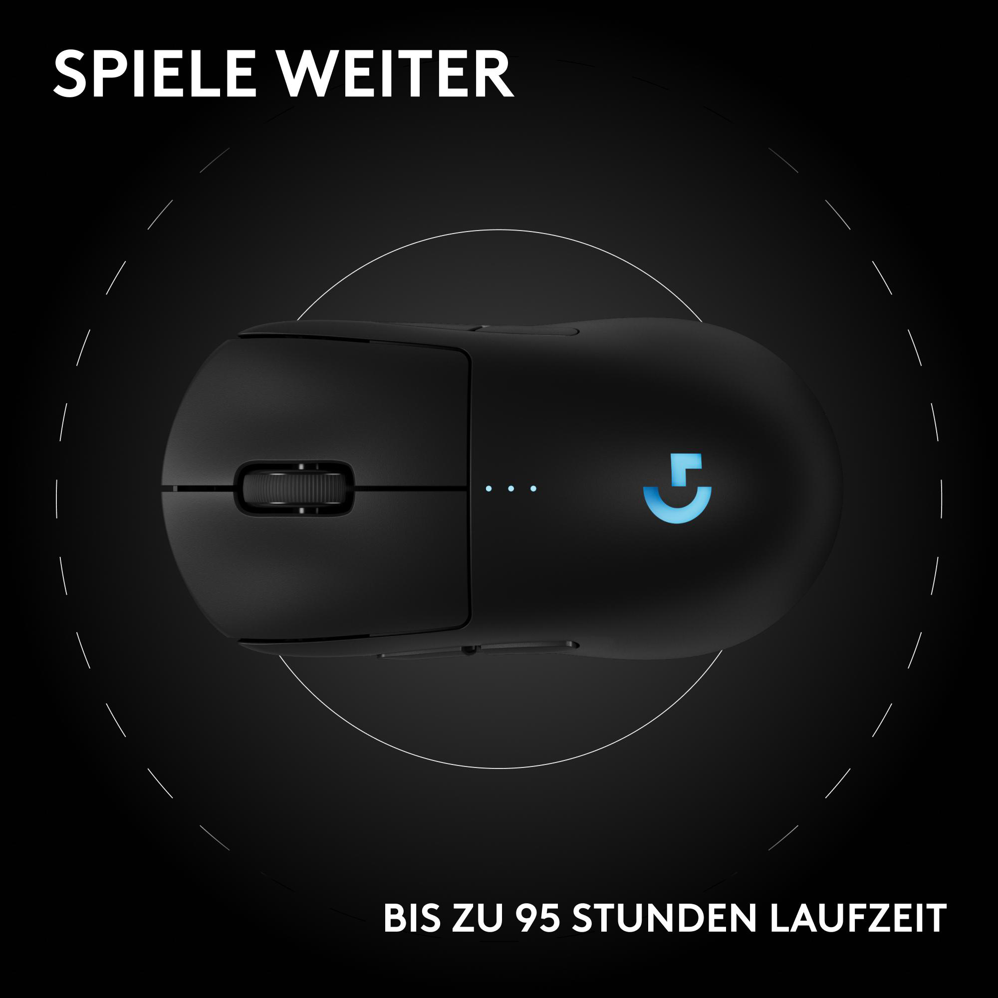 Eine schwarze, kabellose Maus mit leuchtendem G-Logo. Text: 'SPIELE WEITER' und 'BIS ZU 95 STUNDEN LAUFZEIT' auf schwarzem Grund.