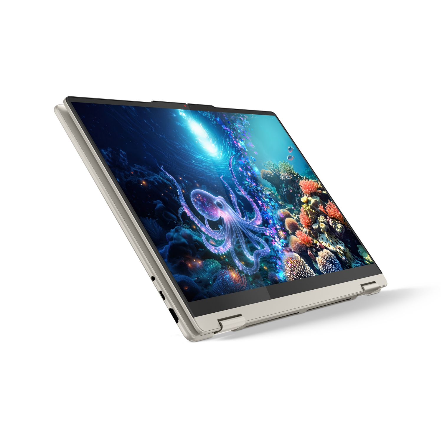 A convertible laptop, slightly angled, displays an underwater scene with an octopus. The laptop is light gray against a white background.
