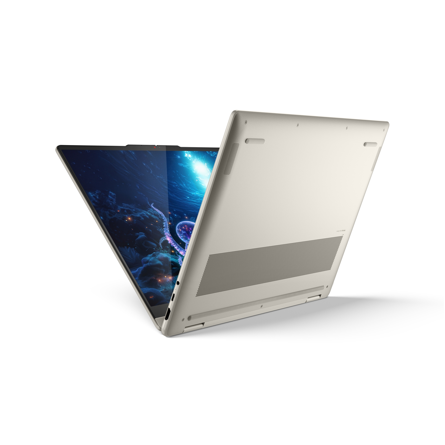 A laptop is open, revealing a screen with an underwater scene. The laptop's exterior is beige. The scene is on a white background.
