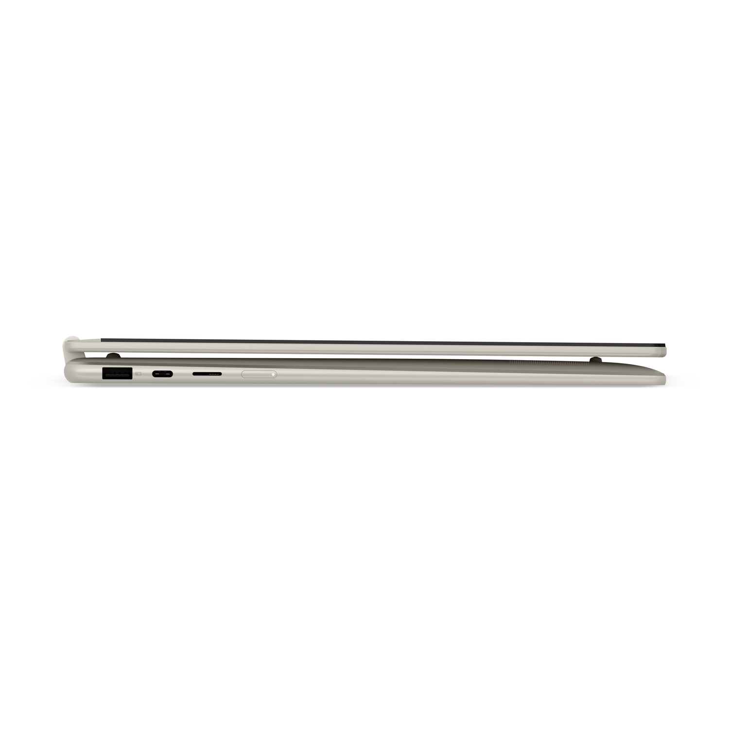 A silver laptop is closed, showing the side profile. The laptop is on a white background.