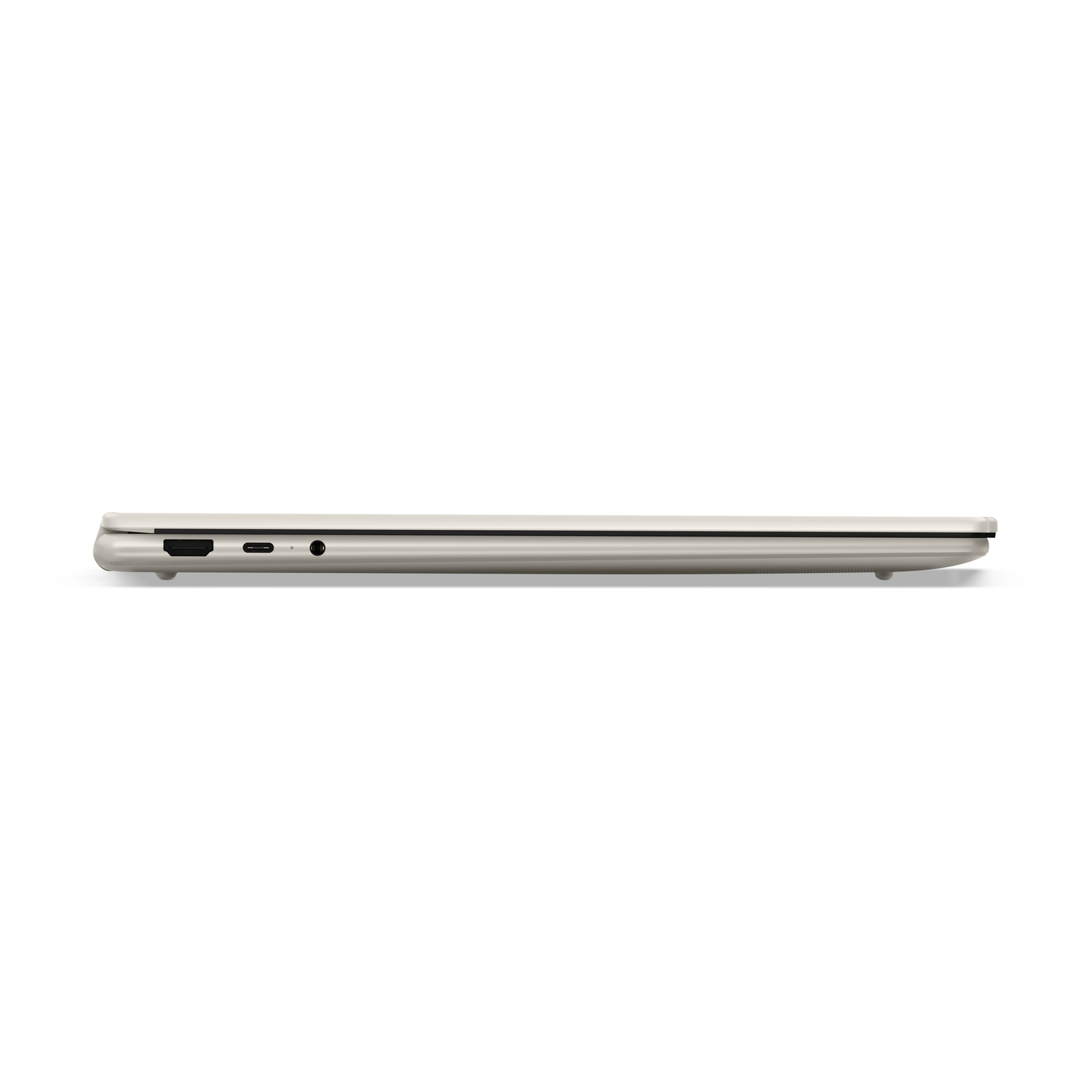 Side view of a light beige laptop with ports visible. Ports include HDMI, USB-C, and a headphone jack. White background.