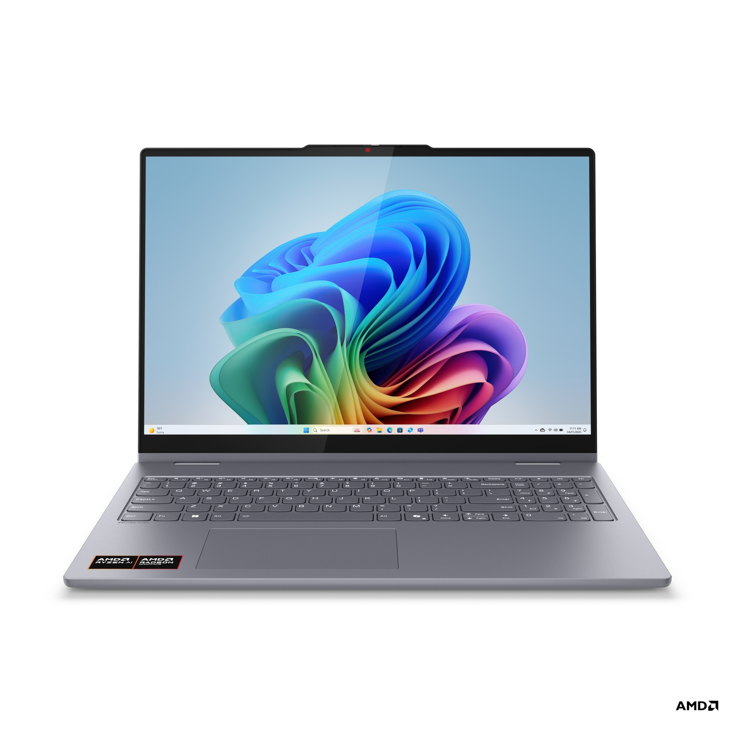 Een grijze laptop wordt open weergegeven. Het scherm toont een kleurrijke abstracte afbeelding. AMD-logo is rechtsonder zichtbaar.