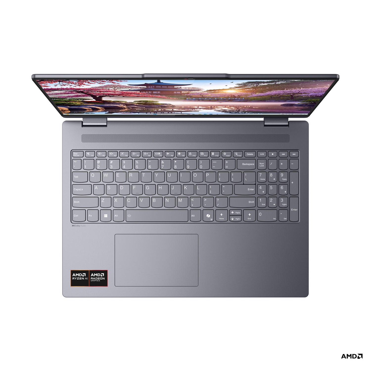 Grijze laptop open met een landschap op het scherm. Het heeft een toetsenbord en een touchpad. AMD-logo rechtsonder.