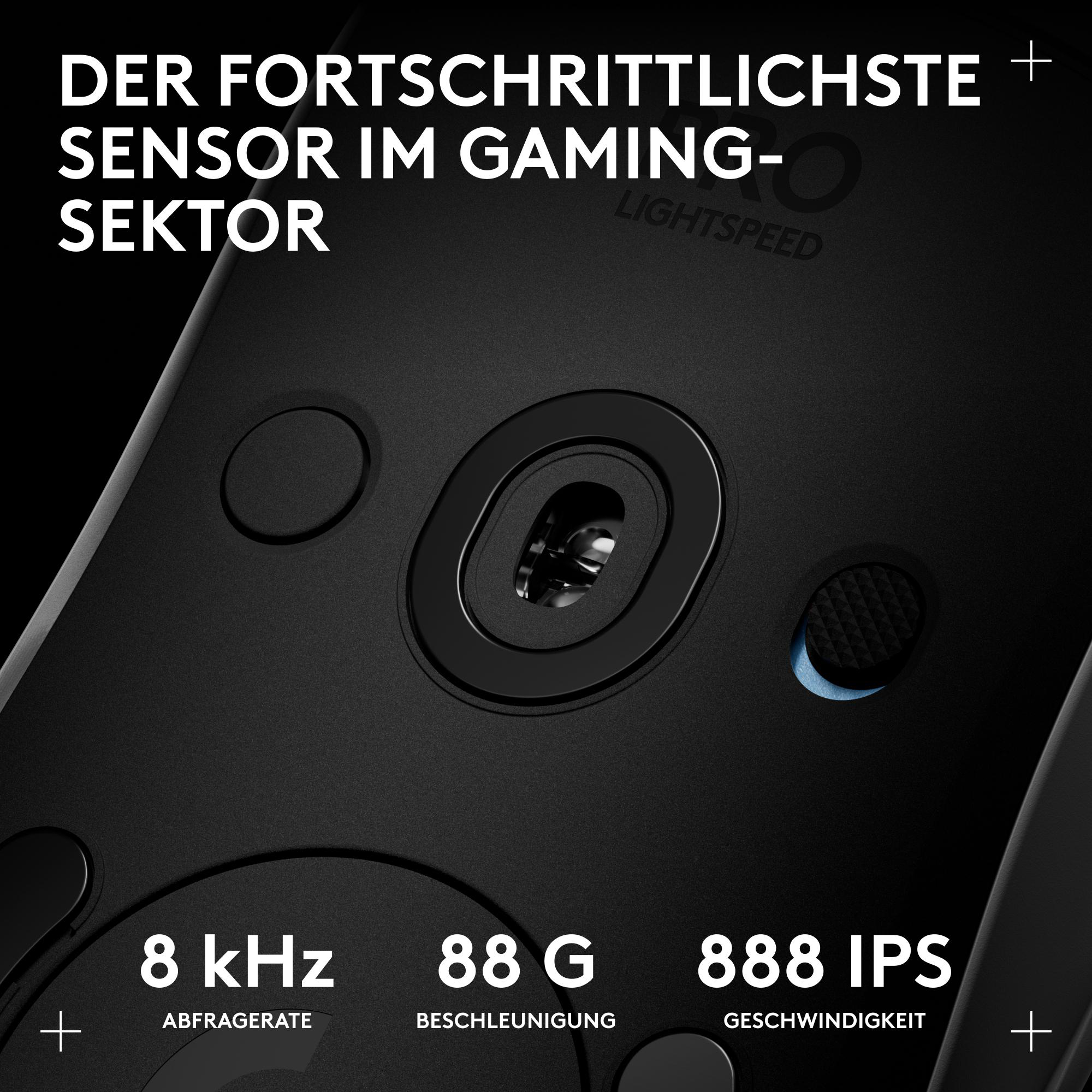 Detail einer schwarzen Gaming-Maus mit Text über Sensortechnologie. Merkmale sind 8 kHz, 88 G und 888 IPS.