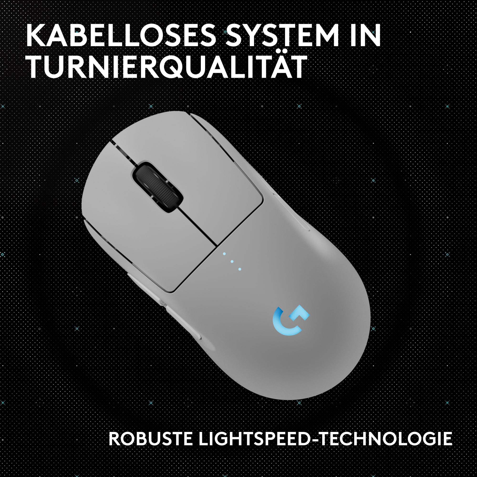 Graue kabellose Maus mit schwarzem Scrollrad auf schwarzem Hintergrund mit weißen Punkten. Text oben und unten.