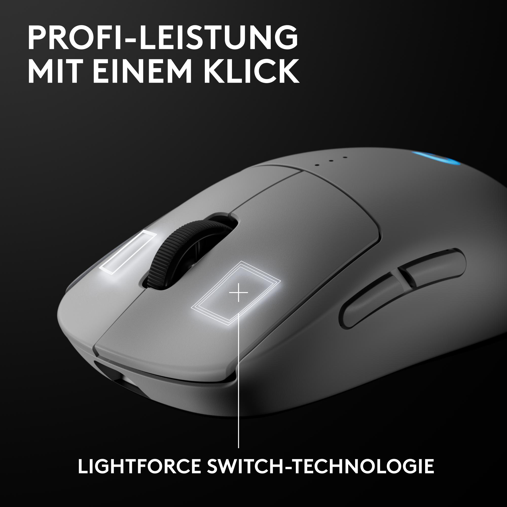 Eine graue Maus mit leuchtenden Merkmalen, einem Scrollrad und Tasten. Text sagt 'Profi-Leistung mit einem Klick' und 'LIGHTFORCE'.