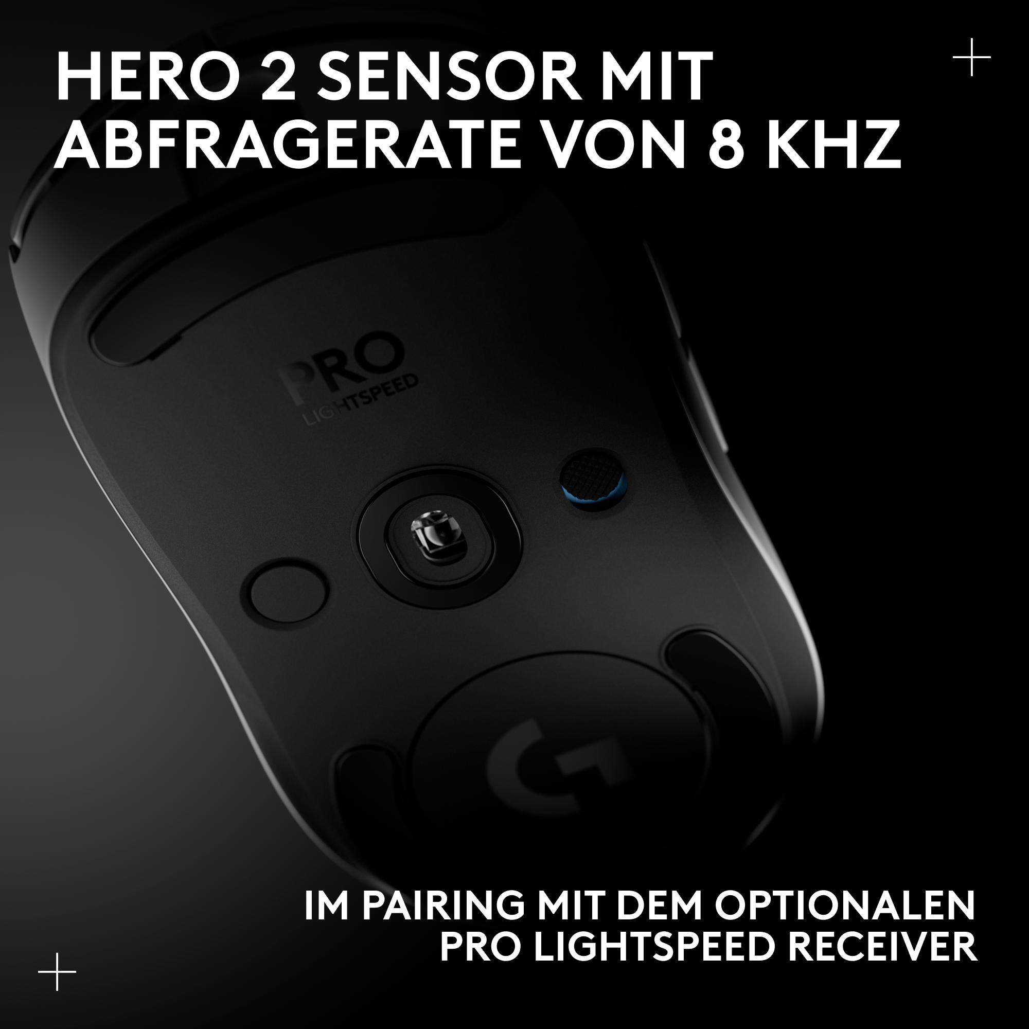Schwarze Gaming-Maus. Text sagt 'HERO 2 SENSOR' und 'PRO LIGHTSPEED'. Text unten: 'IM PAIRING MIT DEM OPTIONALEN PRO LIGHTSPEED RECEIVER'.