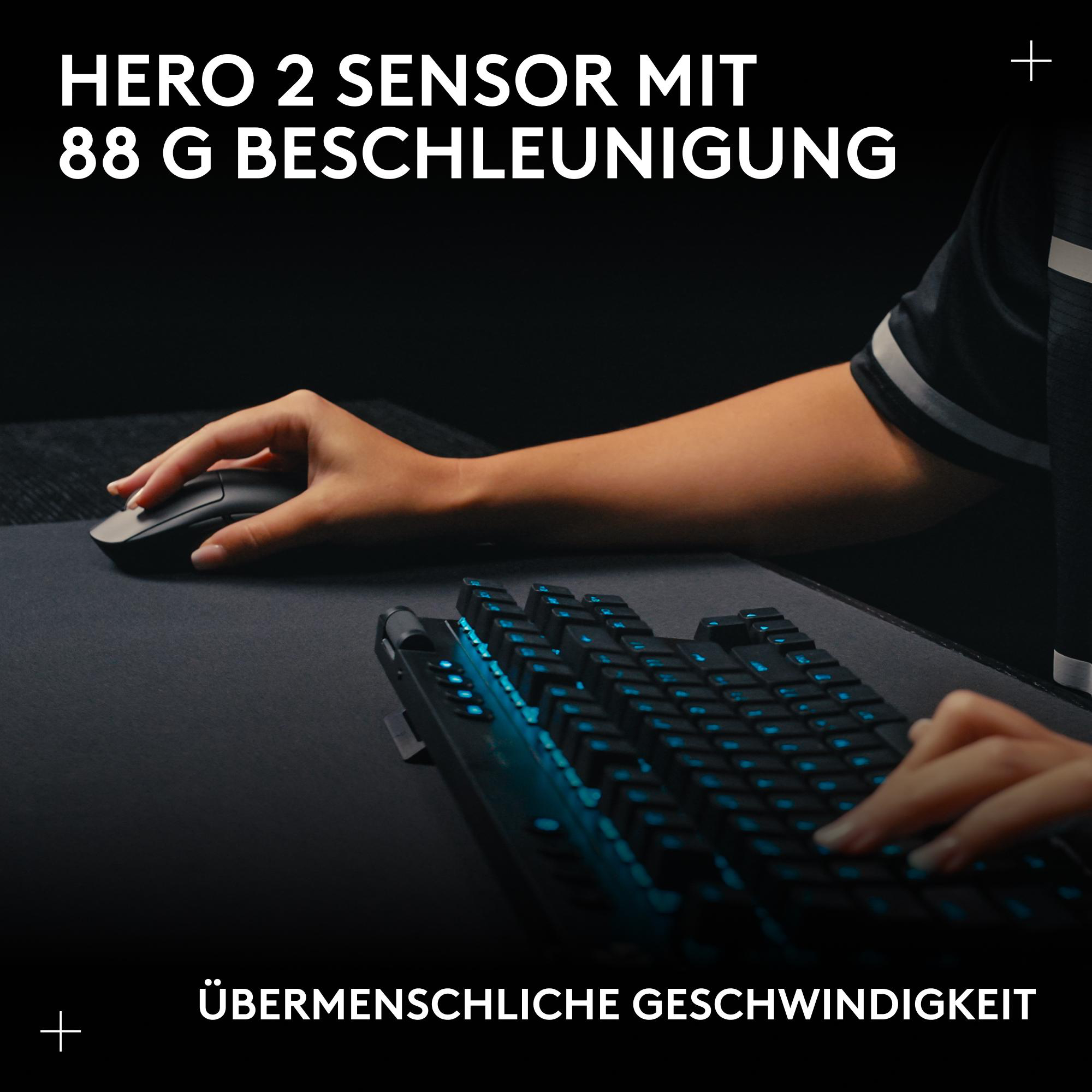 Eine Hand auf einer schwarzen Maus und eine Hand auf einer Tastatur mit blauen Lichtern. Der Text lautet HERO 2 SENSOR mit 88 G Beschleunigung.